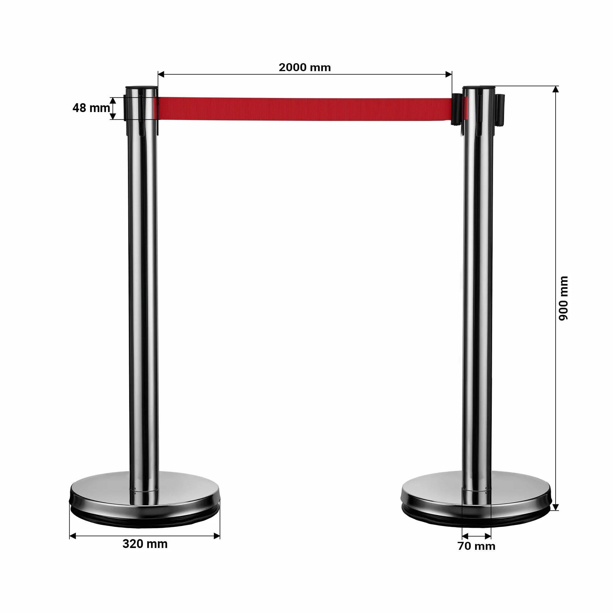 Wiltec Juego de 2 postes separadores con cinta retráctil roja 200 cm, acero inoxidable