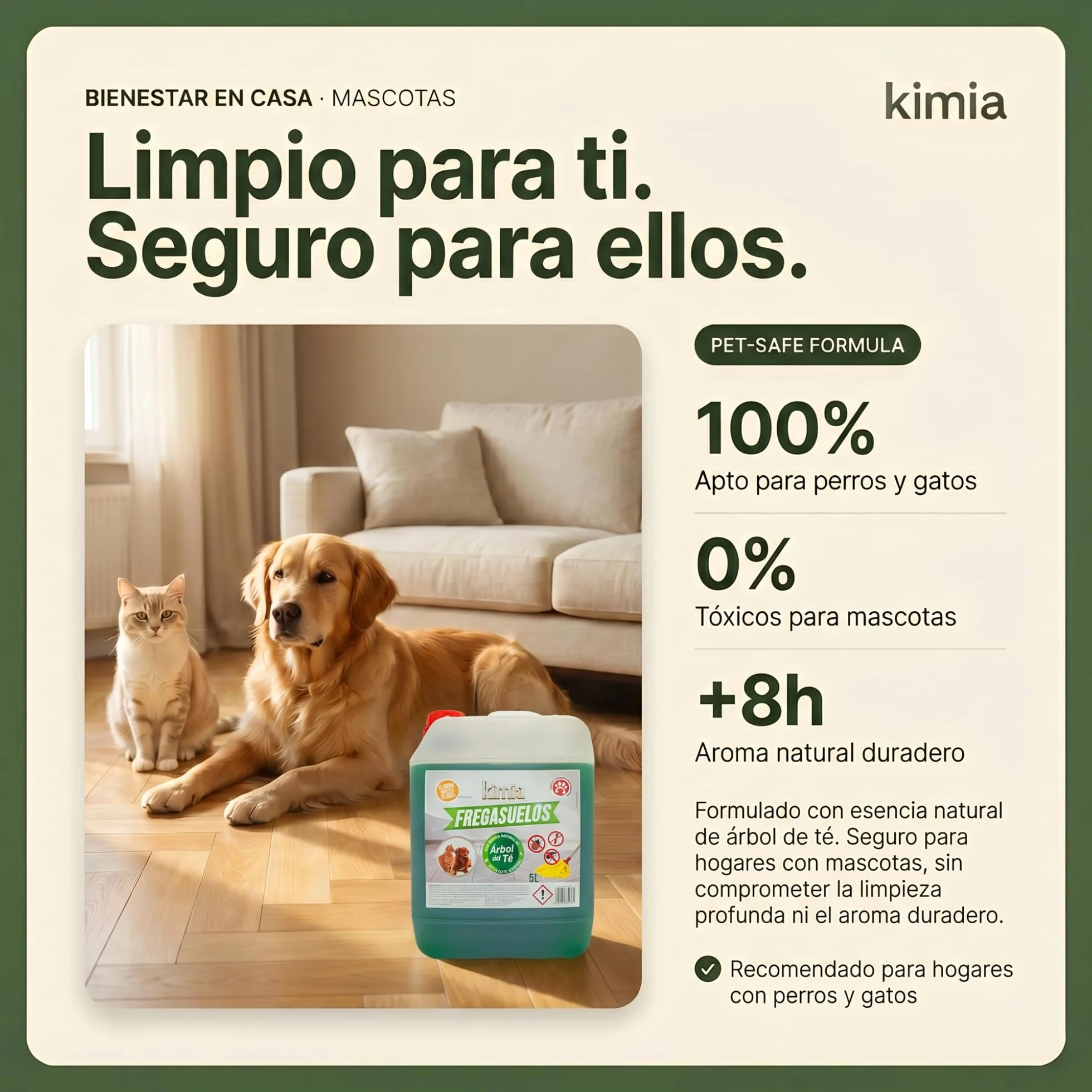 KIMIA Fregasuelos Profesional 5L Limpiasuelos Mascotas Repelente Insectos Concentrado Esencia de Árbol de Té Multisuperficie