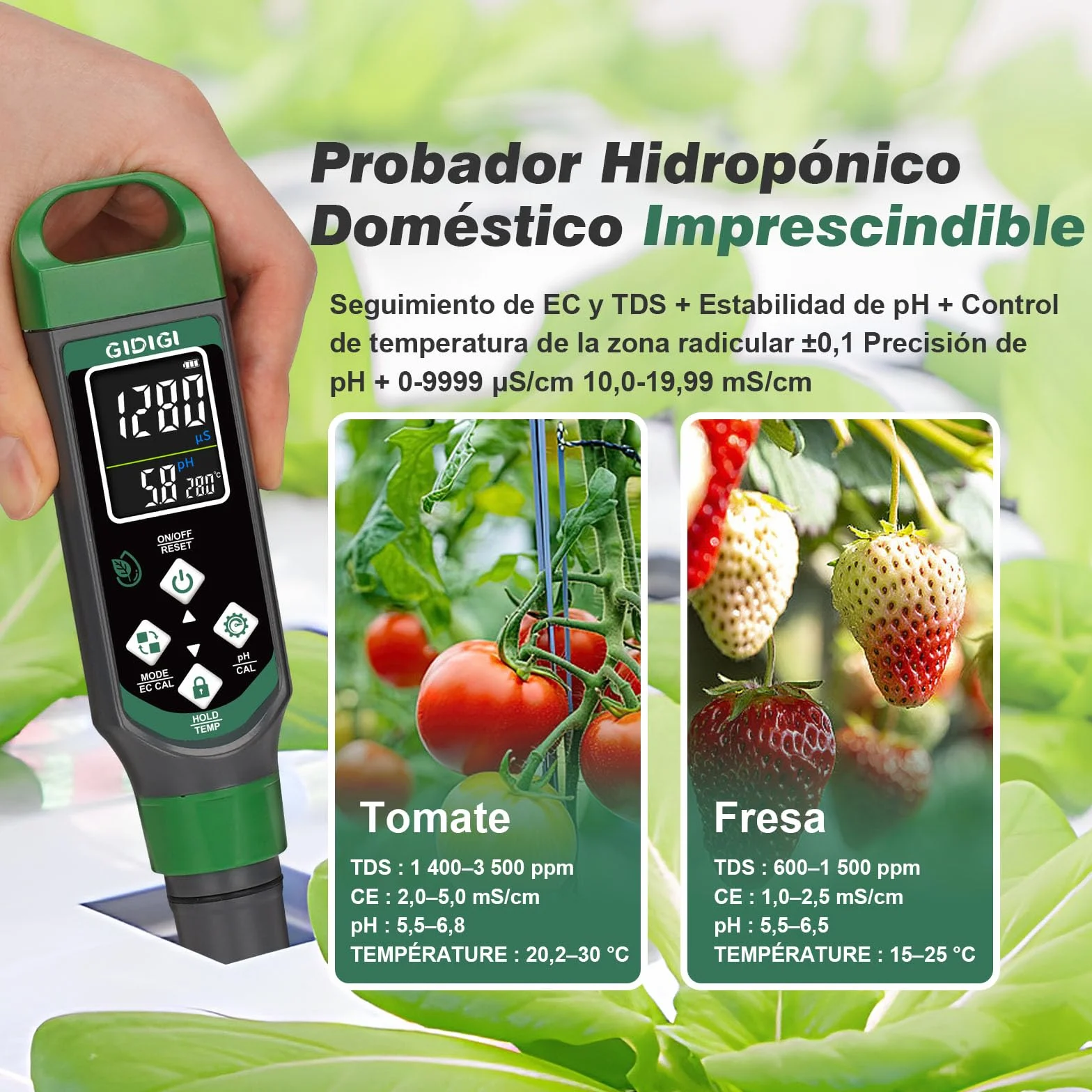 Medidor de pH y PPM 4 en 1 EC TDS TEMP con Pantalla a Color para Hidroponía Piscinas Cerveza