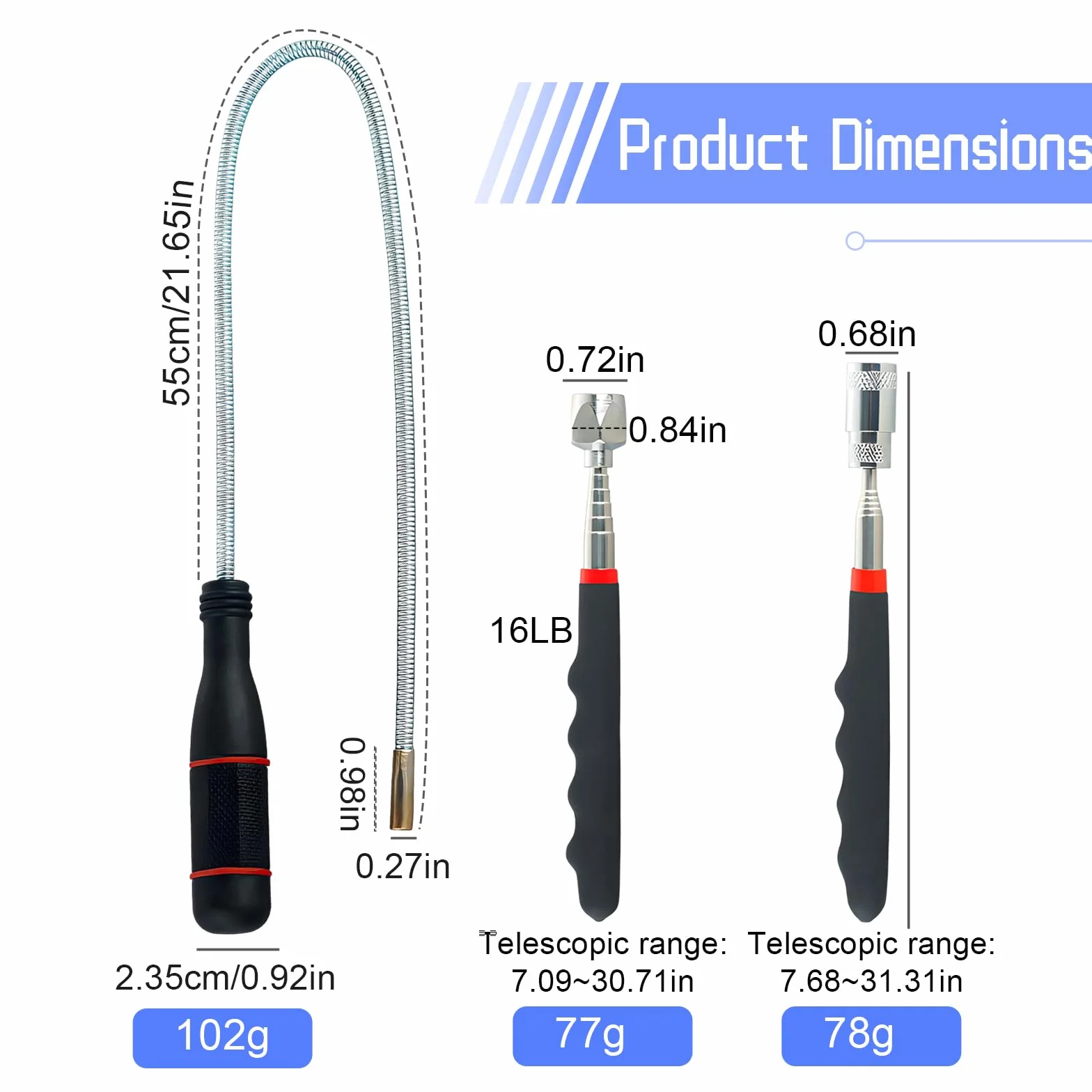 Juego Telescópico de 3 Piezas Recogedores Magnéticos para Tornillos y Objetos Metálicos 1,5 lb/8 lb/16 lb