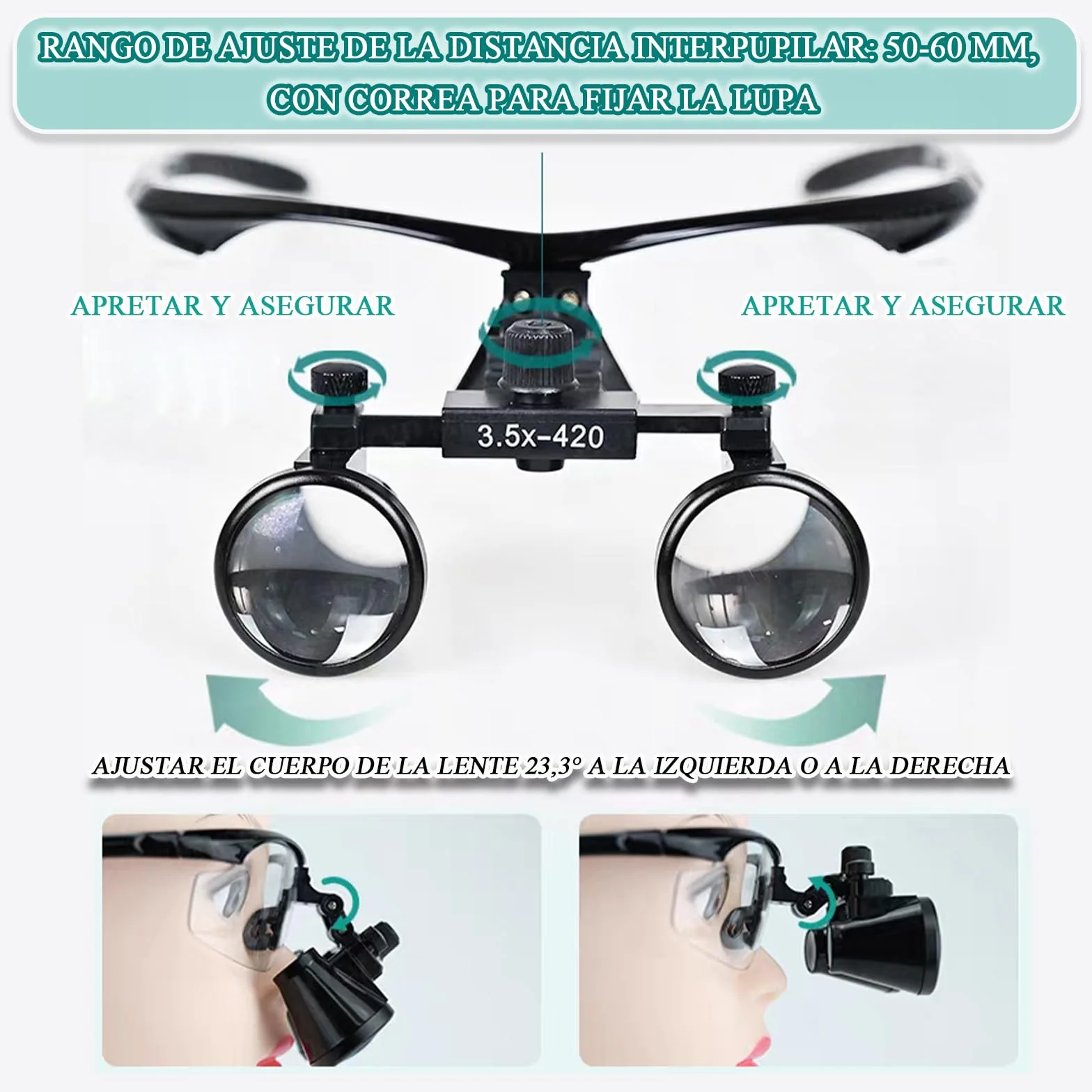 Gafas Aumento Dentista 3.5X Lupa Dental Profesional con Luz LED Distancia Interpupilar Ajustable 50-60 mm