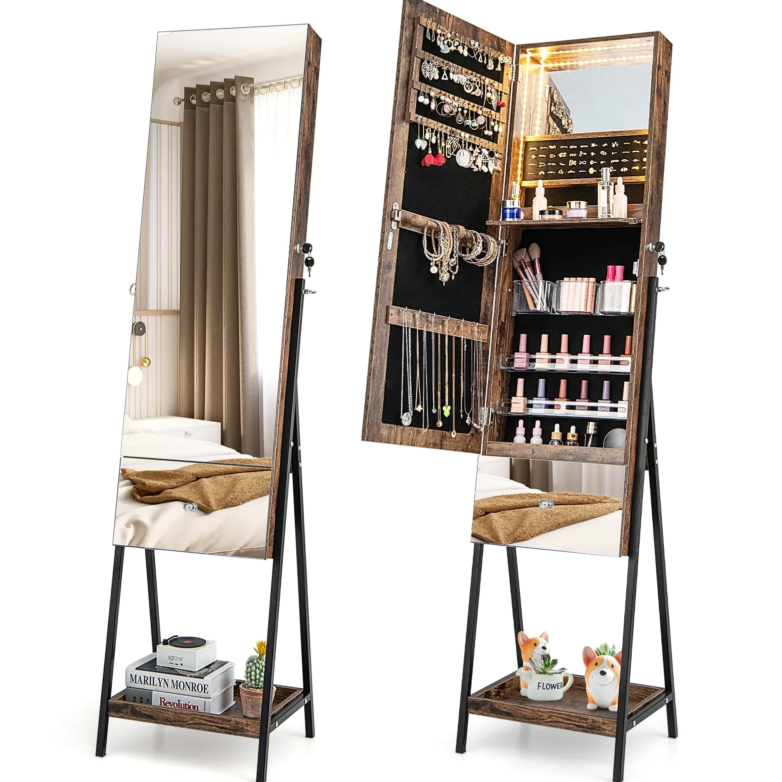 RELAX4LIFE Armario para joyas con espejo, armario con espejo con 3 LED de colores, organizador de joyas con cajón y estante, estantería para joyas con cerradura, para dormitorio, salón (marrón rústico
