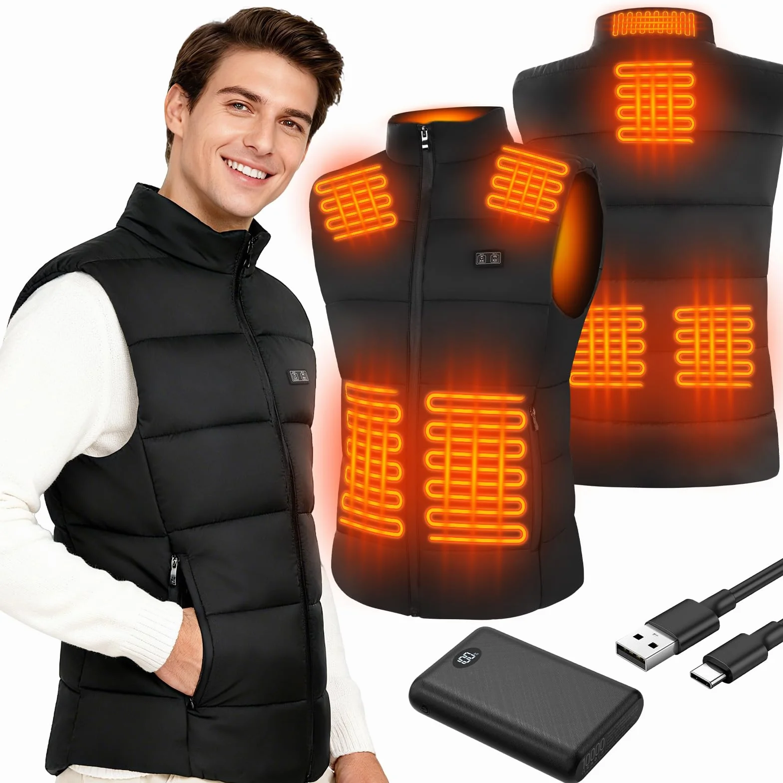 Chaleco Calefactable Hombre con Batería 7.4V 10000mAh, Deepoter Chaleco Térmico Eléctrico 8 Zonas Calefactables, 3 Ajustes de Temperatura, Chaqueta Calefactable - Ideal para Deportes al Aire Libre (L)