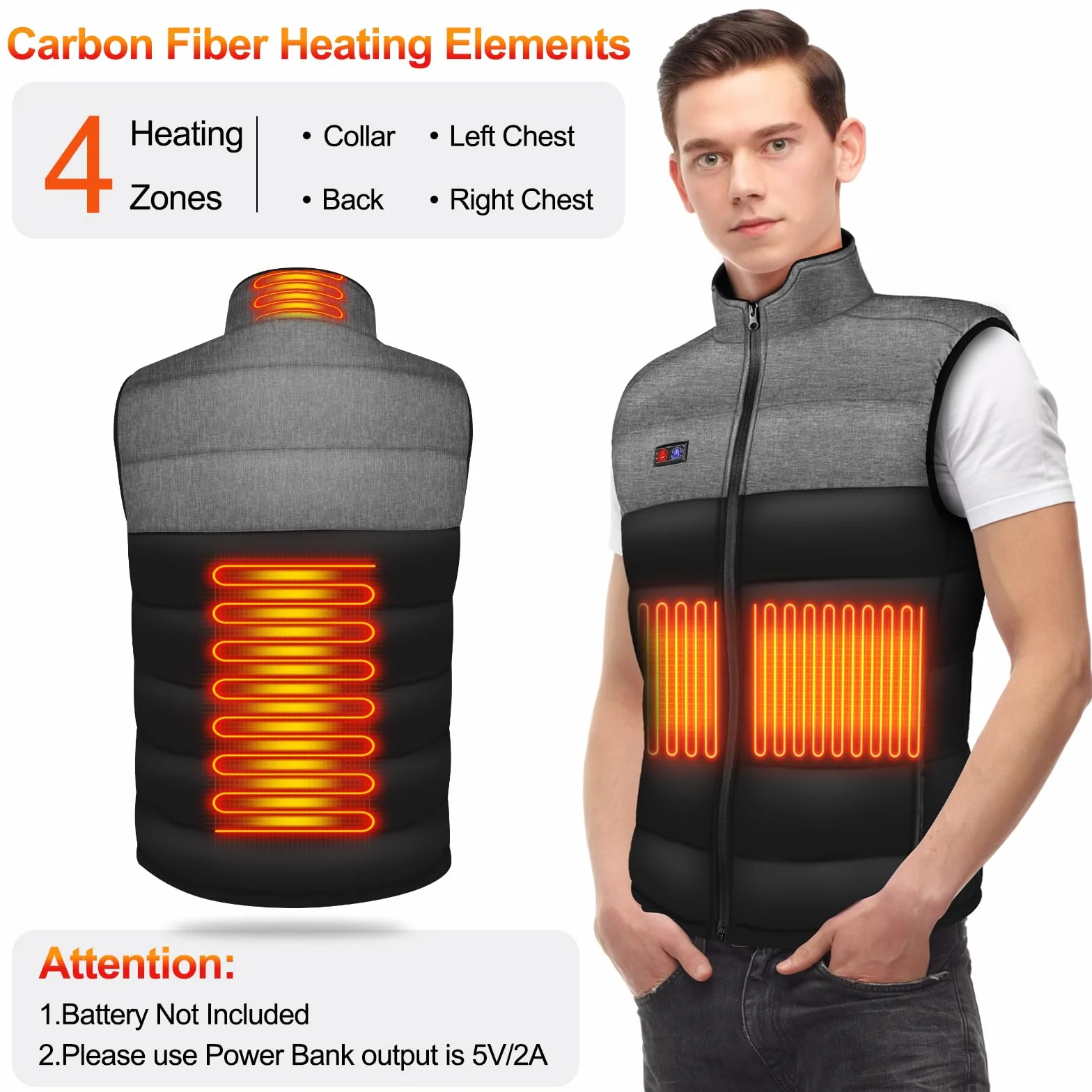 Tonfarb Chaleco Calefactable Hombre, Chaleco Termico Hombre con 4 Zonas Calefactables y 3 Niveles de Temperatura, Electrico USB Chaqueta Calefactable para Exterior, Pesca, Esquí (Batería No Incluida)