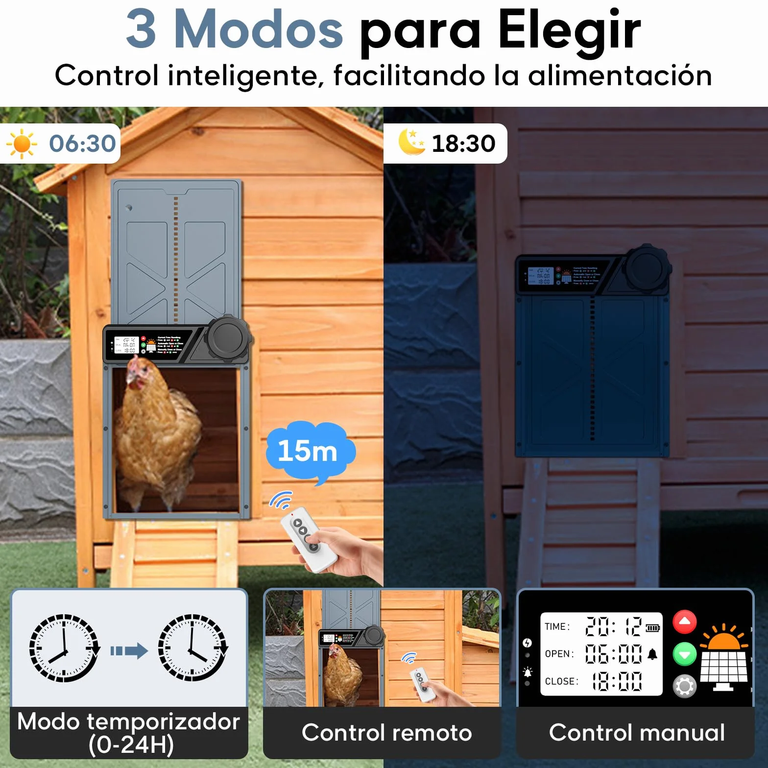 CHAMUTY Puerta automática para gallinero solar con temporizador, panel solar 7W, LCD, mando a distancia