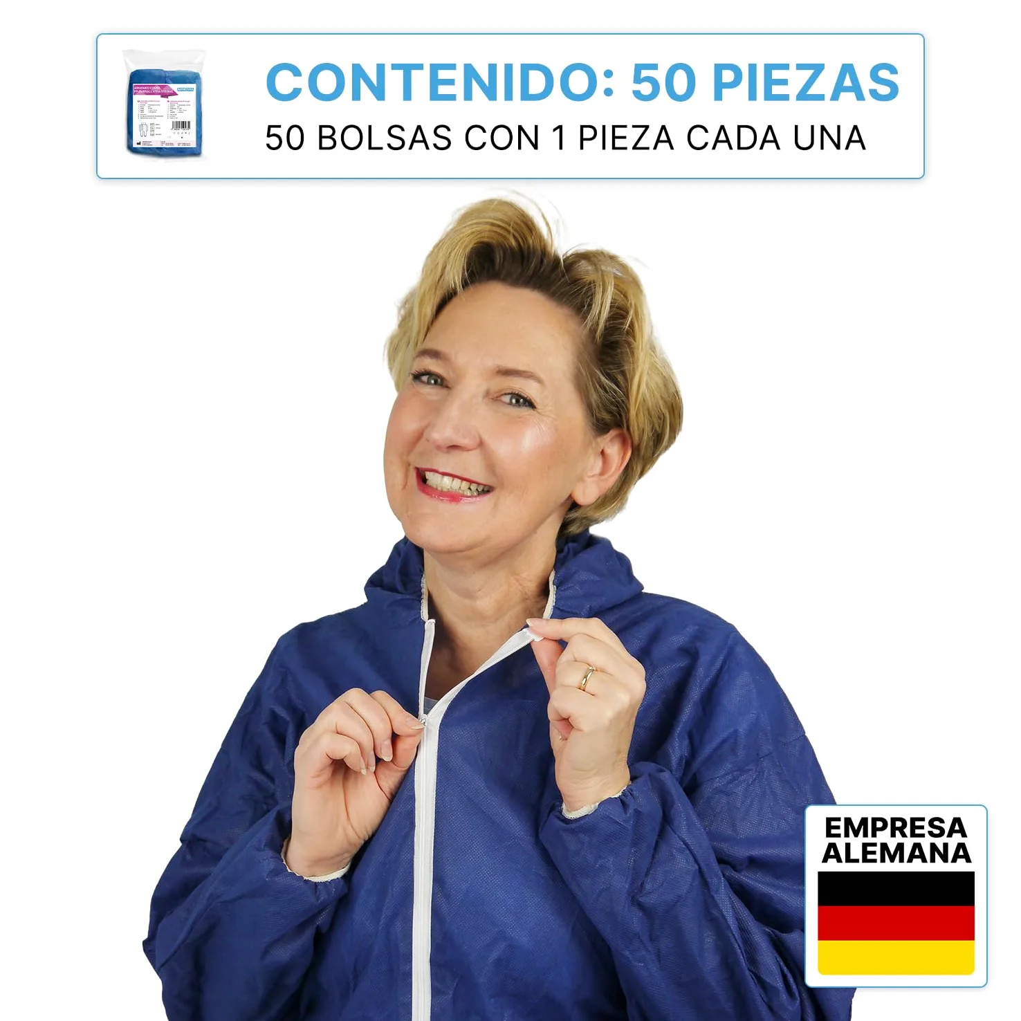 ARNOMED 50x Mono de protección PP extra fuerte, mono completo azul 50g/m², mono de pintor desechable XL, mono de trabajo para hombre/mujer con capucha, mono desechable, mono de protección desechable