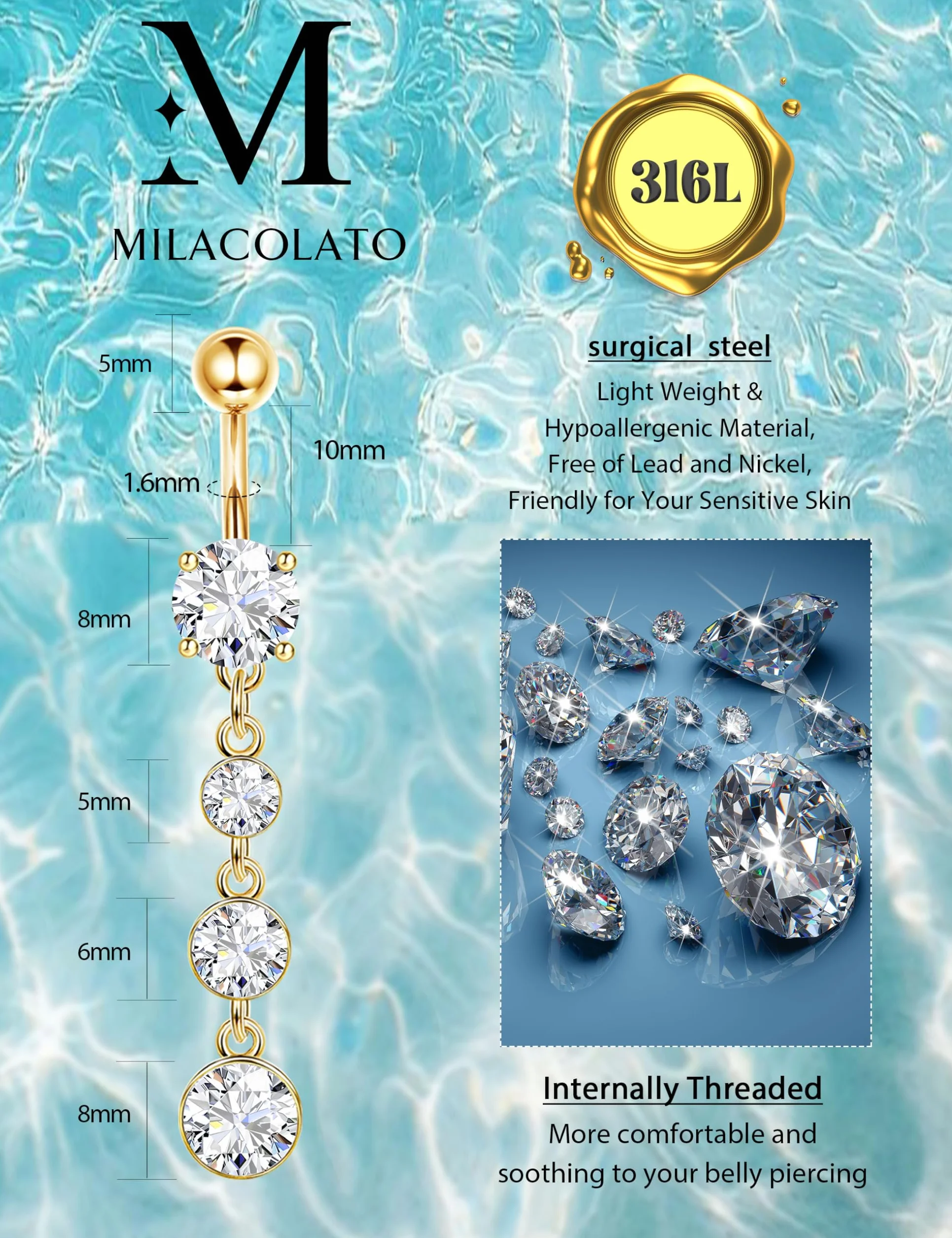MILACOLATO 8Pcs Perforador de Ombligo de Acero Quirúrgico, Clicker Flor Corazón Mariposa Colgante Ombligo Anillos de Ombligo Set para Mujeres Niñas