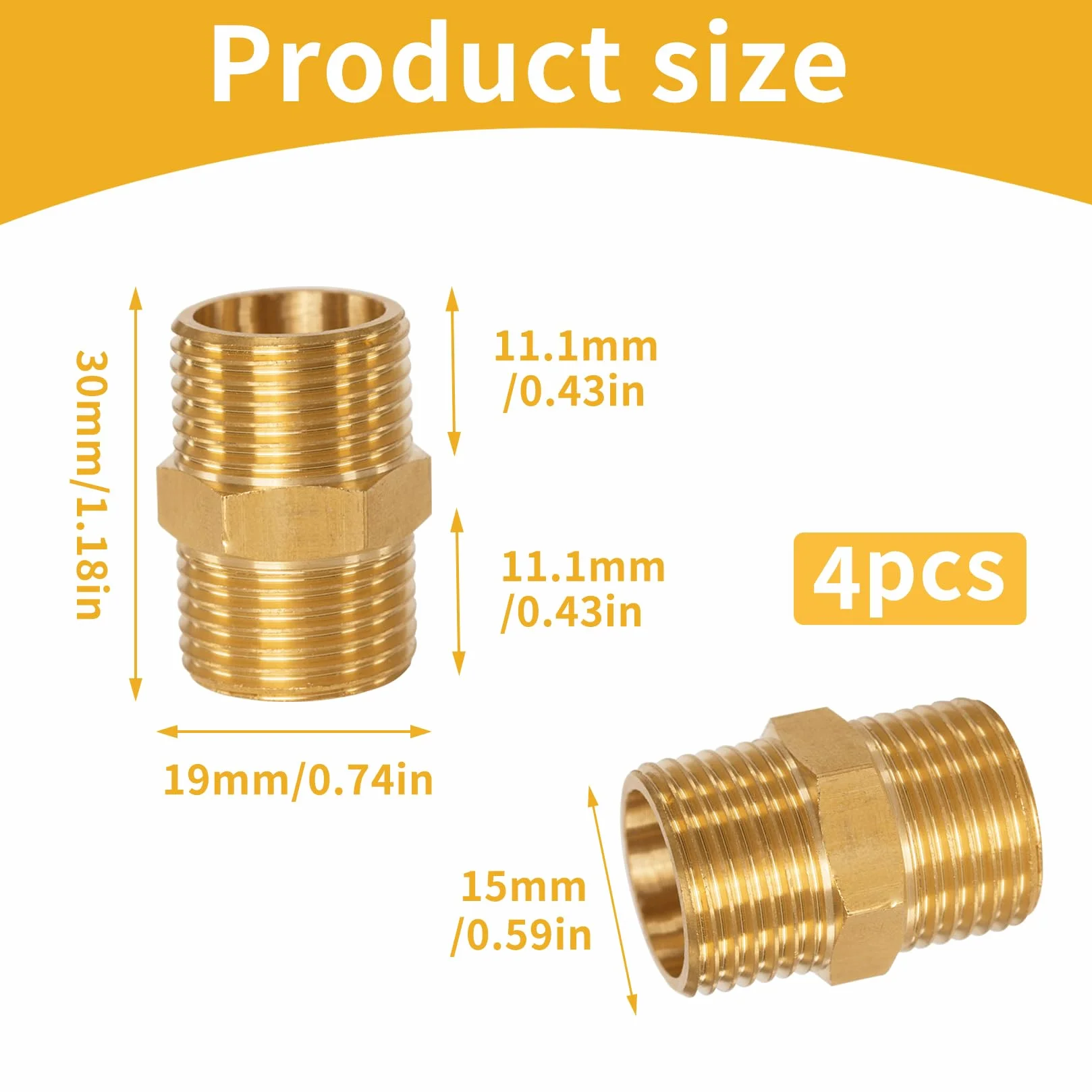 Conectores Rectos de Latón 1/2" BSP Macho a Boquilla, Reducción Doble Boquilla para Tubería