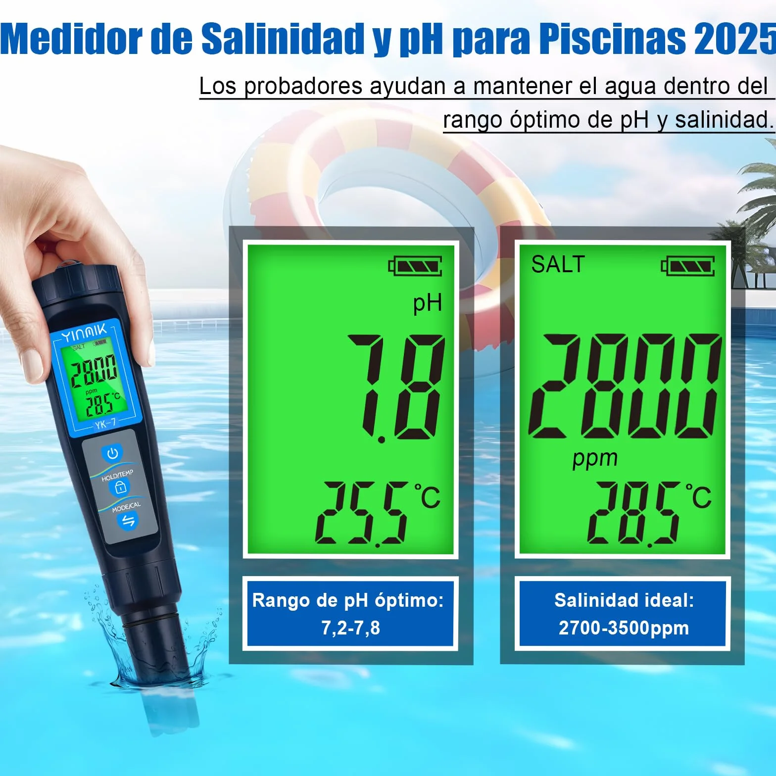 5 en 1 Medidor de pH Salinidad TDS EC Temp para Piscina de Agua Salada, Acuario Koi, Hidropónico