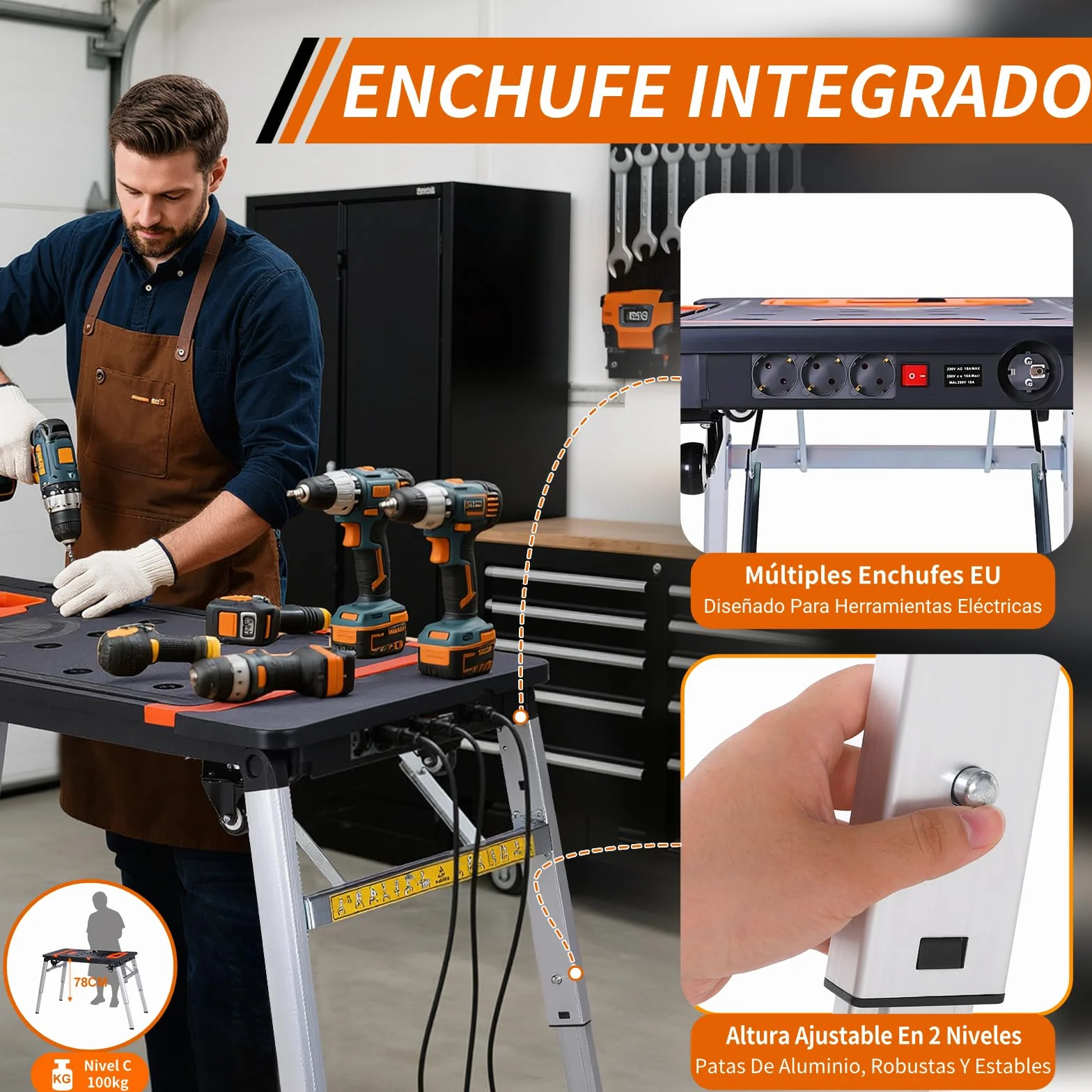 TLGREEN Banco de Trabajo Portátil 7 en 1 Plegable Altura Ajustable con Marcas de Ángulo y Ruedas