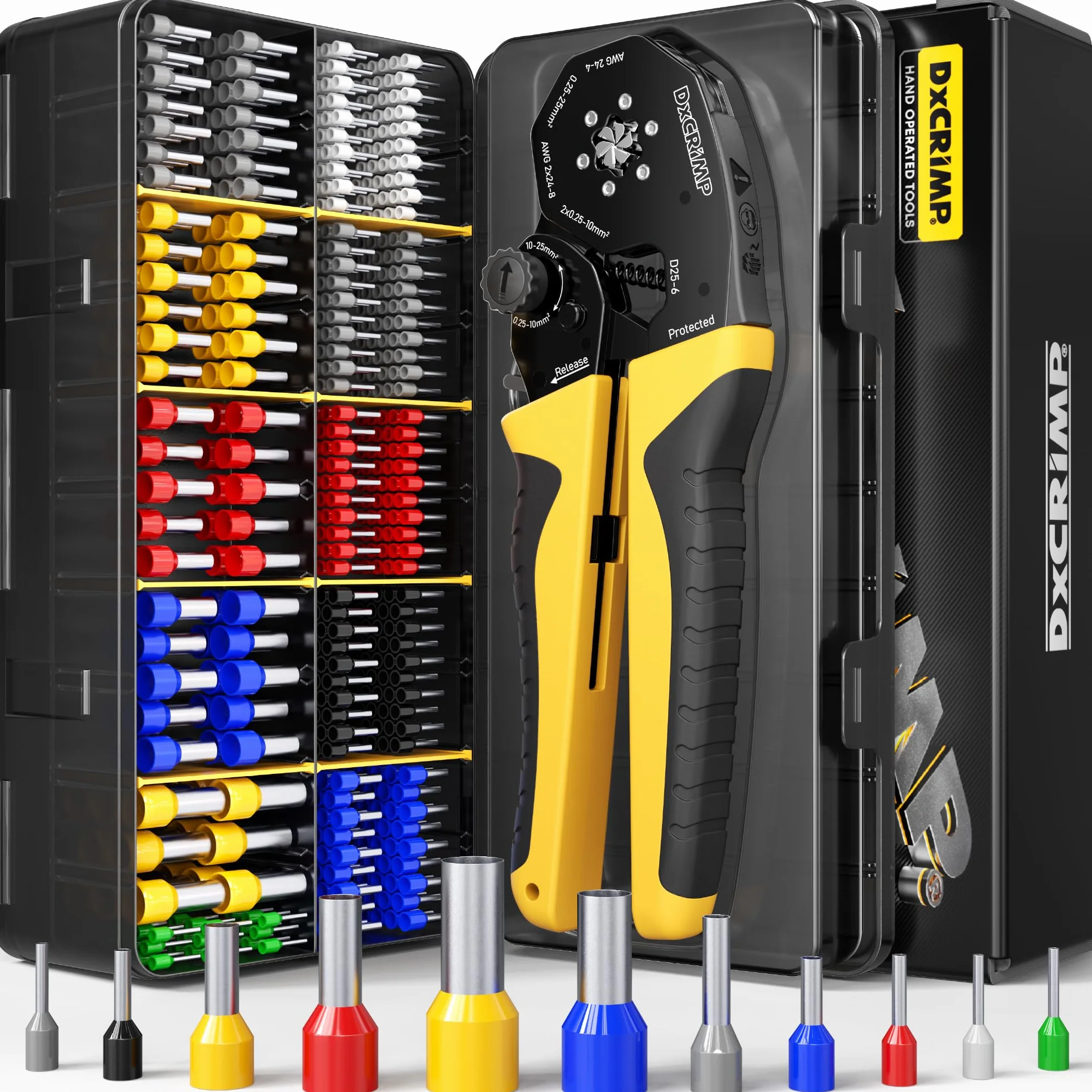 Kit de Crimpadora de Punteras Huecas 0,25-25 mm² (AWG 24-4) - Surtido 11 Tipos de Terminales - Alicates para Electricistas