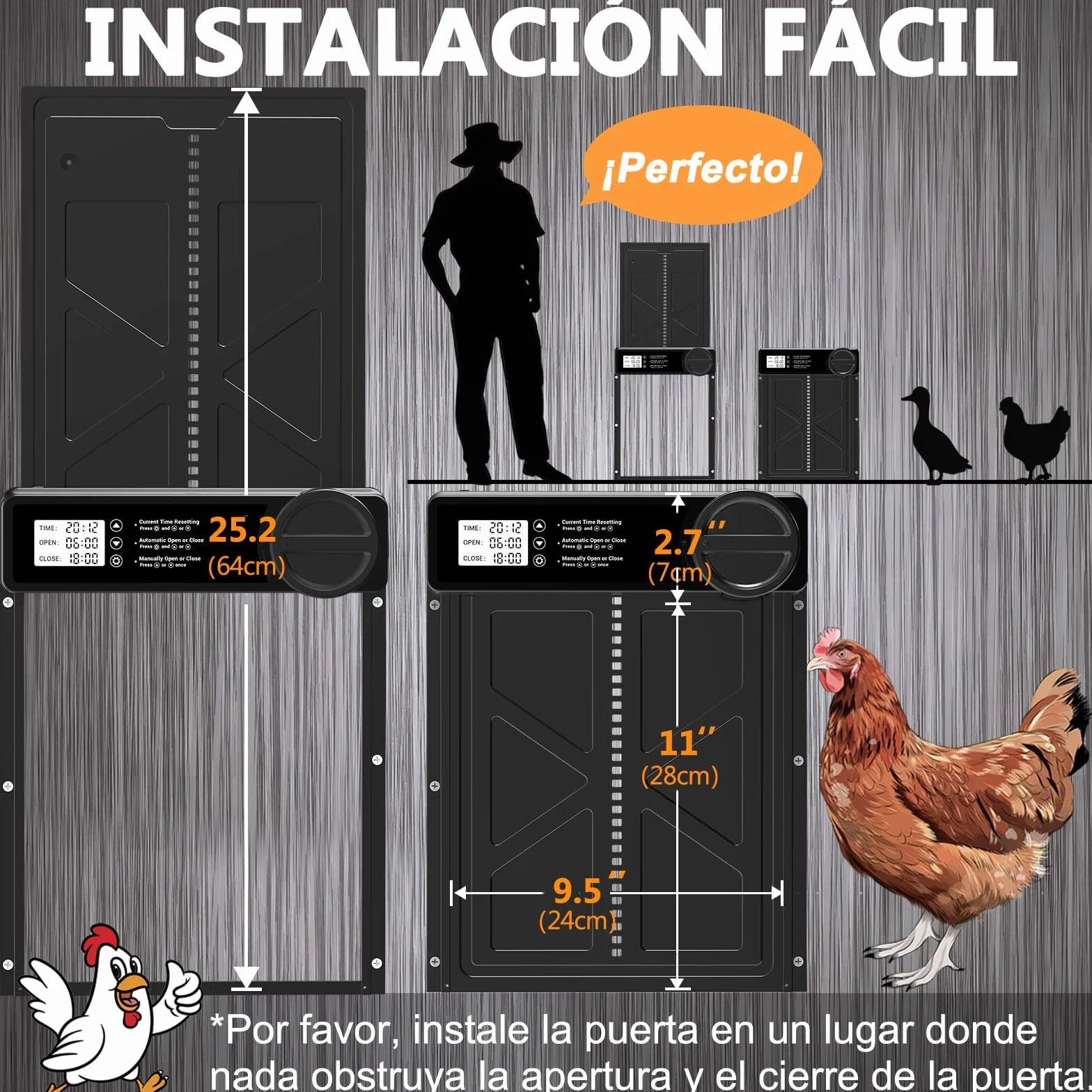 INNOLAND Puerta Gallinero Automática Grande con Pantalla LCD, Aluminio, Anti-atrapamiento, Alimentada por Batería