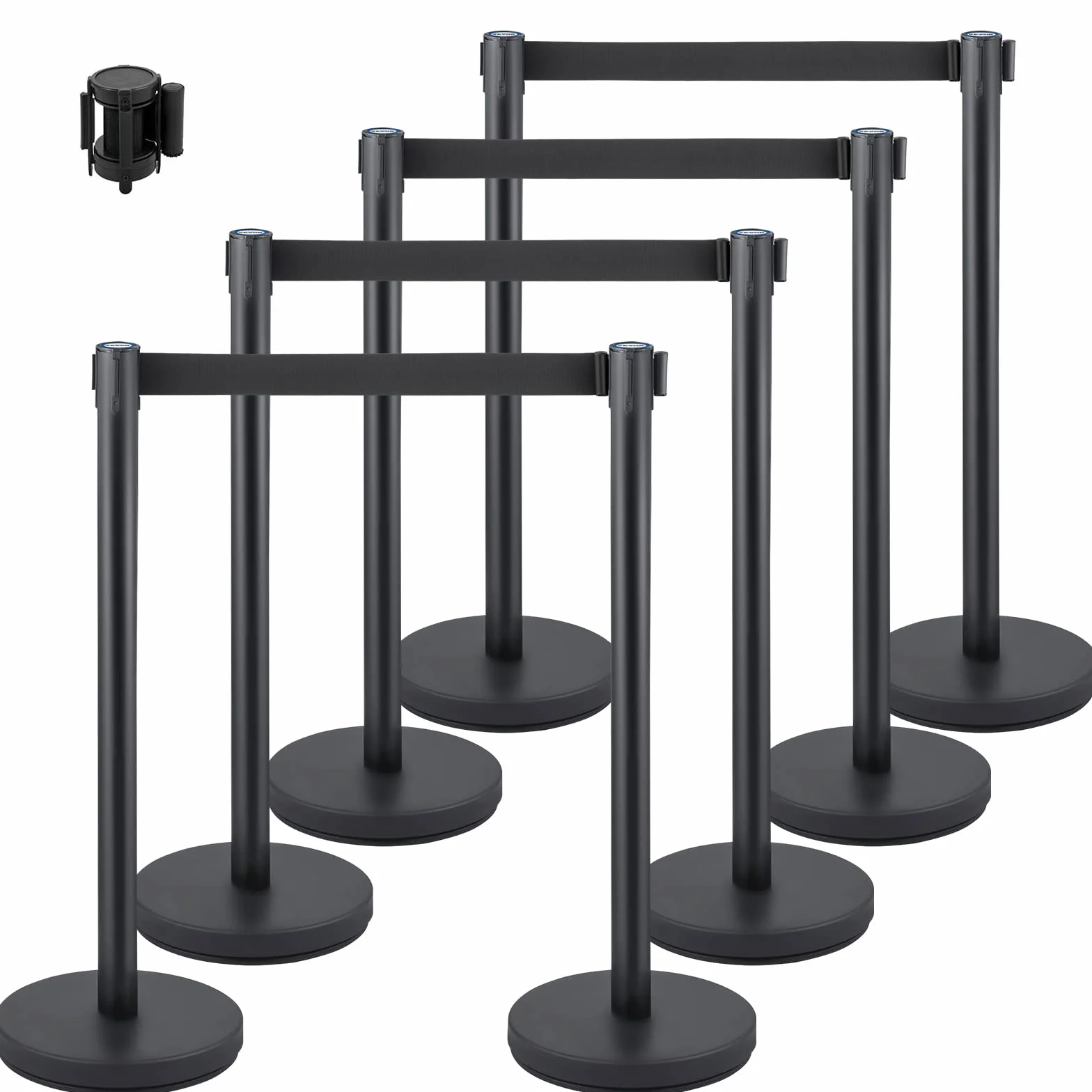 VEVOR Control de Multitudes Stanchion, Juego de 8 Piezas, Barrera con Correa Retráctil Negra de 2 m, Base de Hormigón y Metal