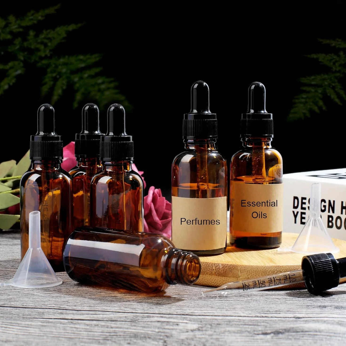 Frascos de vidrio marrón 50 ml con pipeta para aceites esenciales - 6 unidades