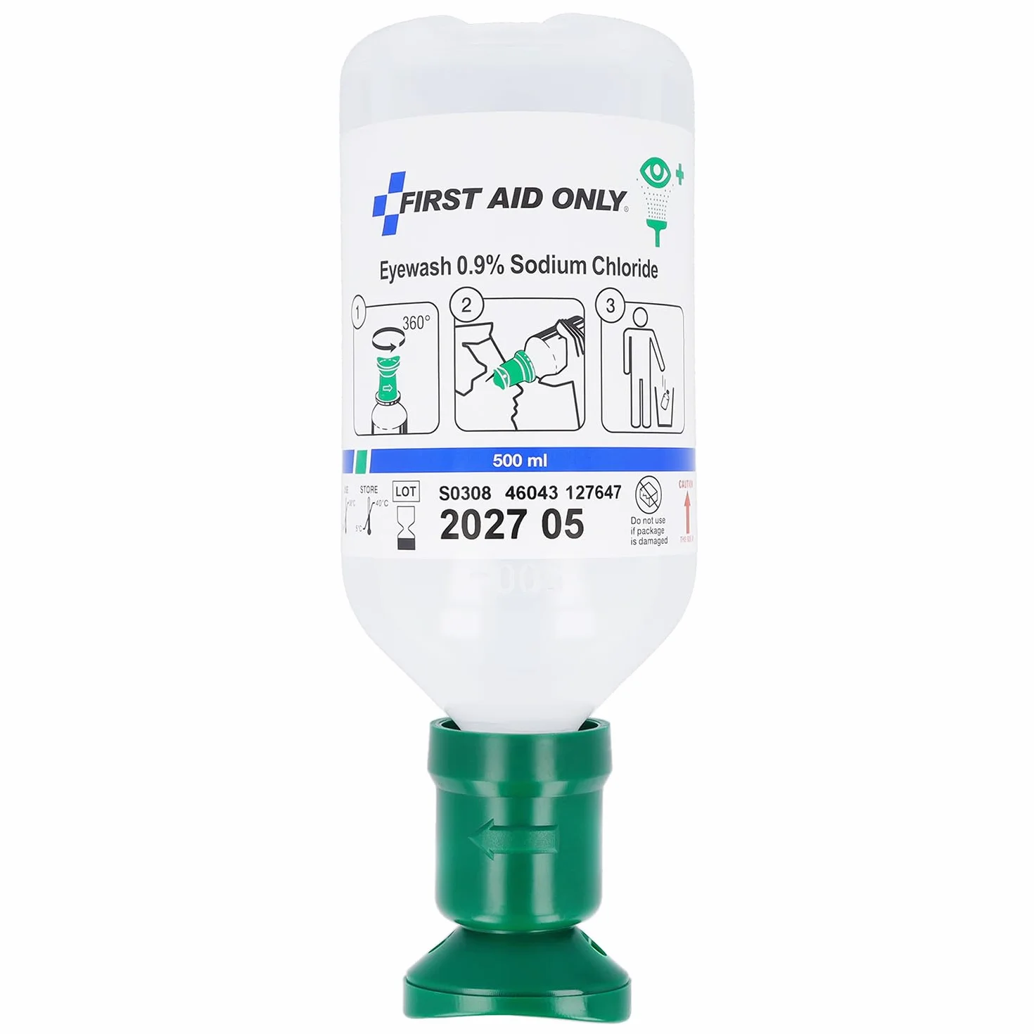 First Aid Only Botella de lavado ocular 500 ml solución cloruro sódico 0,9% Ducha ocular primeros auxilios