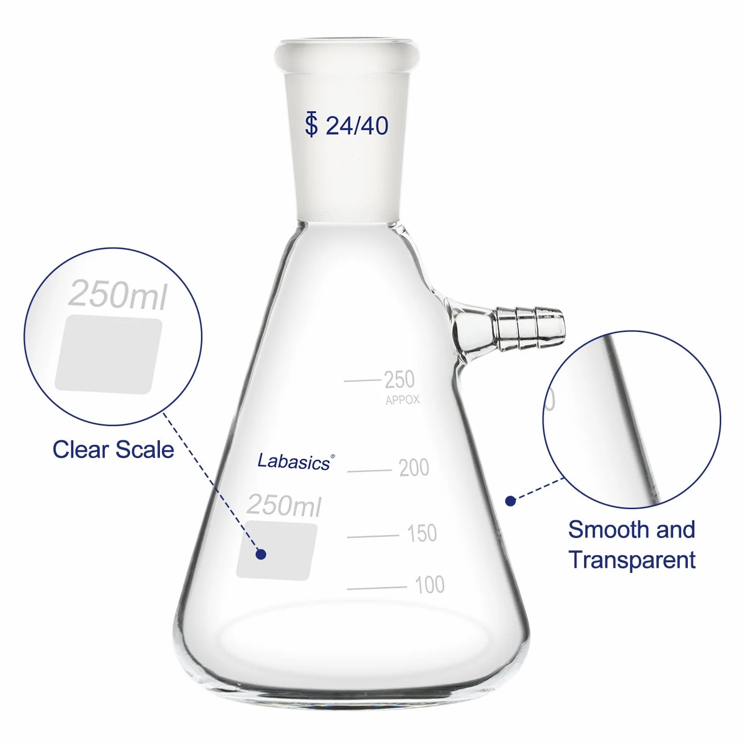 Labasics Matraz de Filtración 250 ml con Junta Cónica 24/40, Vidrio de Borosilicato, Cuello con Tornillo
