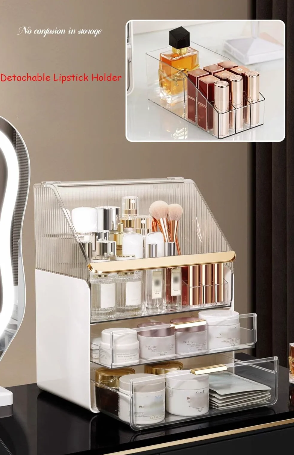 Caja organizadora de maquillaje, vitrinas acrílicas para cosméticos con 2 cajones y caja de almacenamiento de gran capacidad para el cuidado de la piel, organizadores de maquillaje y almacenamiento
