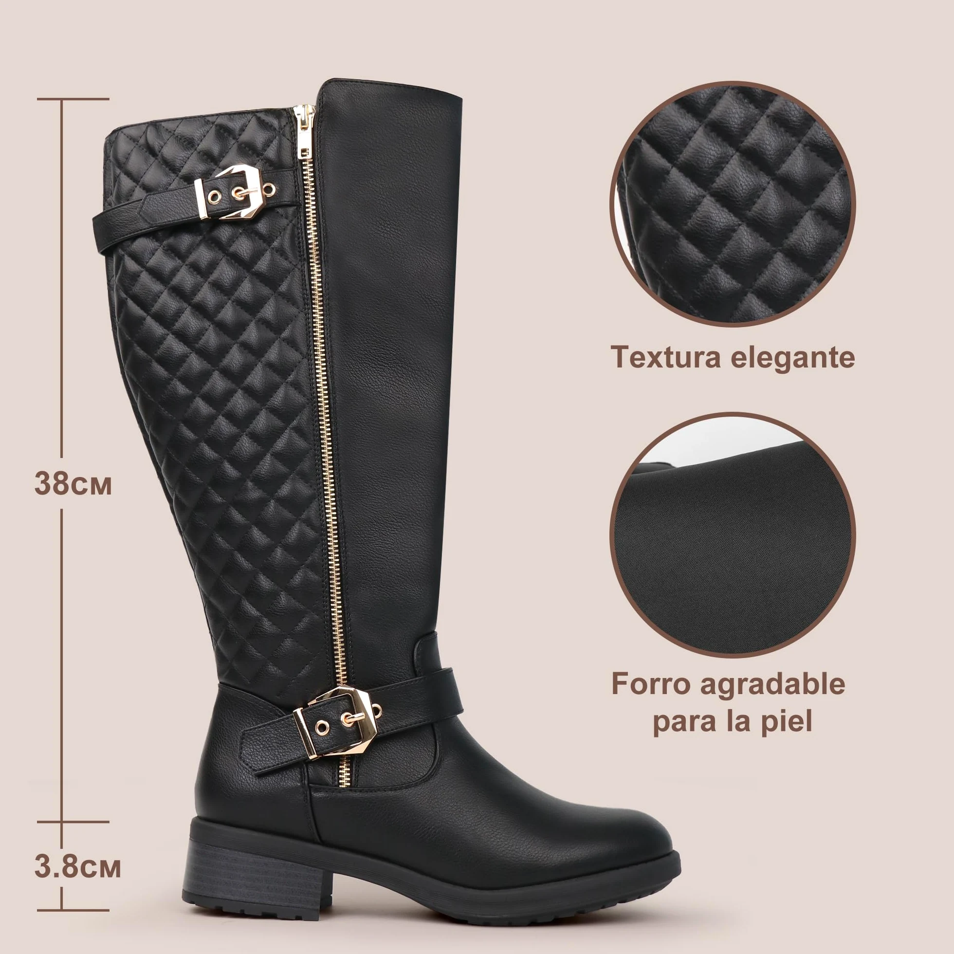 Botas de montar hasta la rodilla extra anchas para mujer, estilo retro, con doble hebilla, estilo chic, para otoño