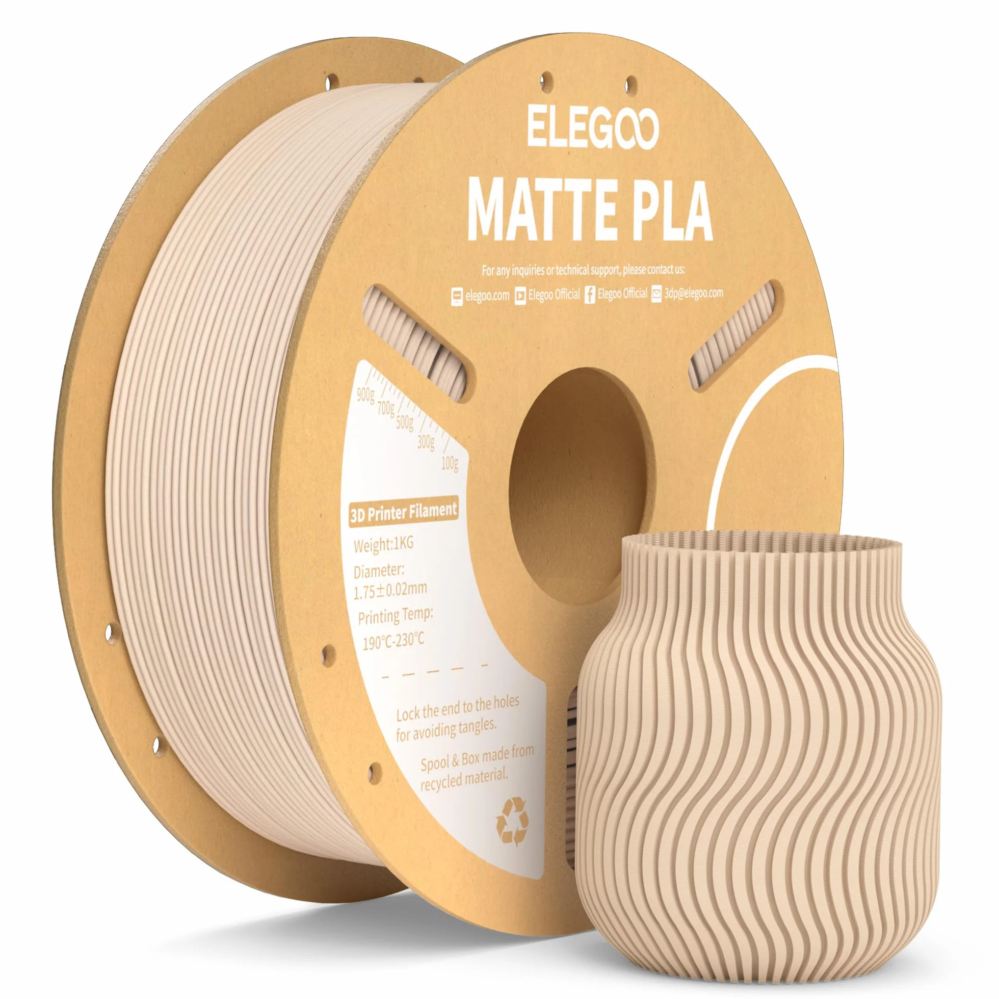 ELEGOO Filamento PLA MATE 1.75mm 1KG Beige para Impresora 3D Precisión Dimensional +/- 0.02mm