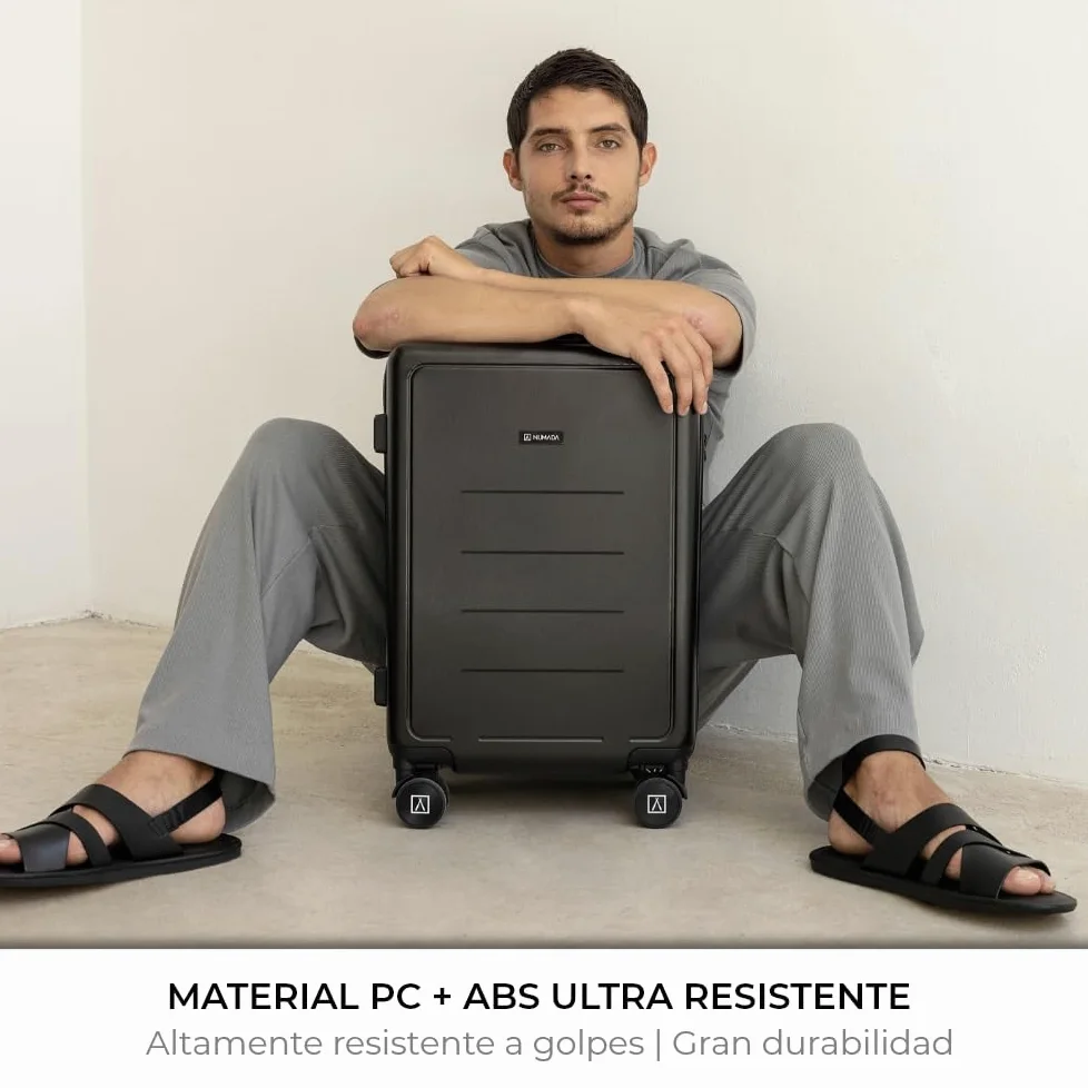 NUMADA - Maleta de Viaje Cabina PC + ABS (56x37,5x22cm) PackPro T40 con Cierre TSA y Carga USB. Maleta de Mano Rígida con 4 Ruedas 360, Extra de Refuerzo y Múltiples Compartimentos Interiores | Negro