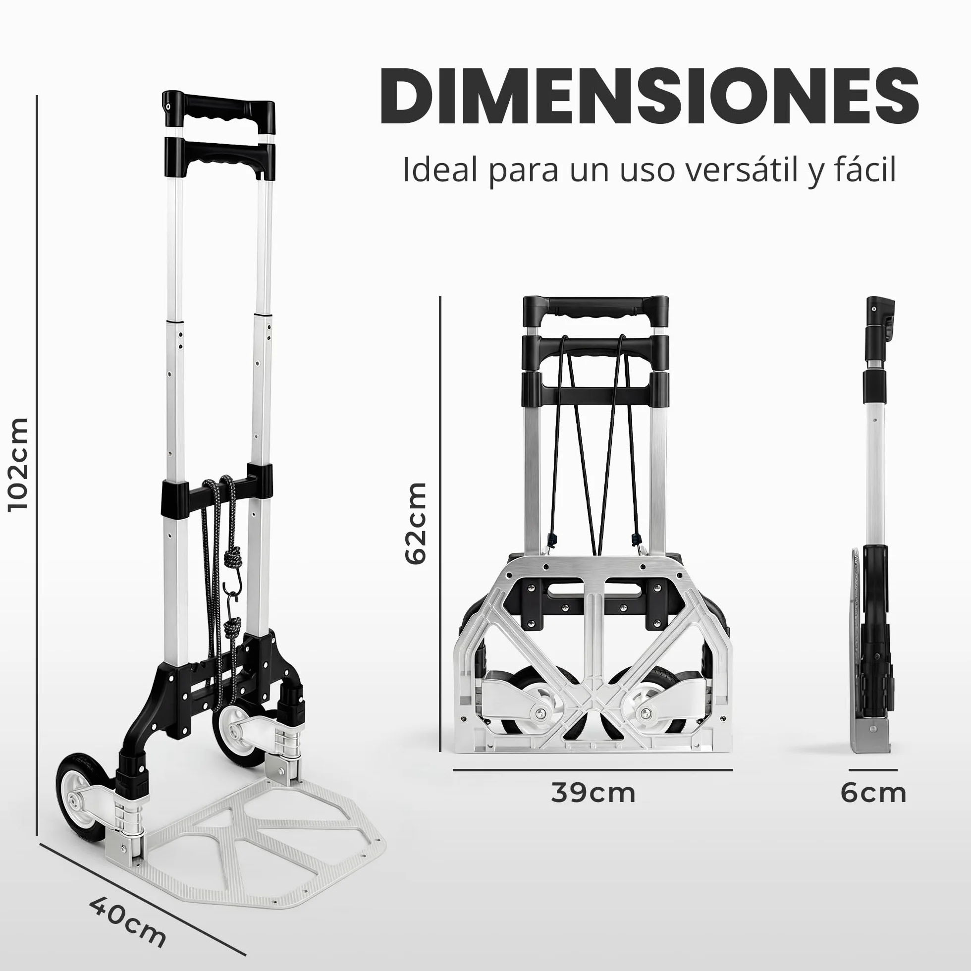 JUPPLIES Carretilla Plegable de Mano de Aluminio 75 kg 100x40cm Carro de Carga con Ruedas