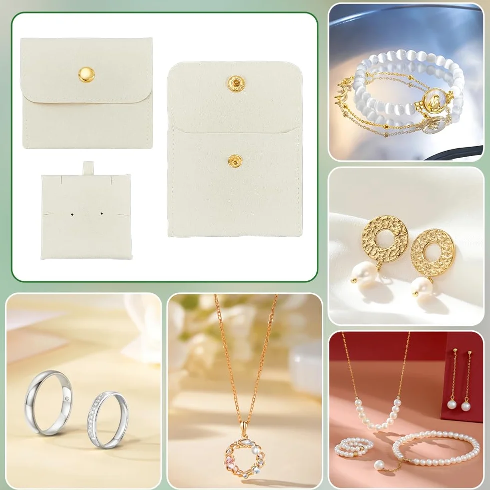 BENECREAT 22 bolsas de joyería beige con botón de latón, 2.7 x 3.1 x 0.5 pulgadas, bolsas de almacenamiento de joyas de microfibra, pequeñas bolsas de regalo para pulseras, collares, anillos, aretes