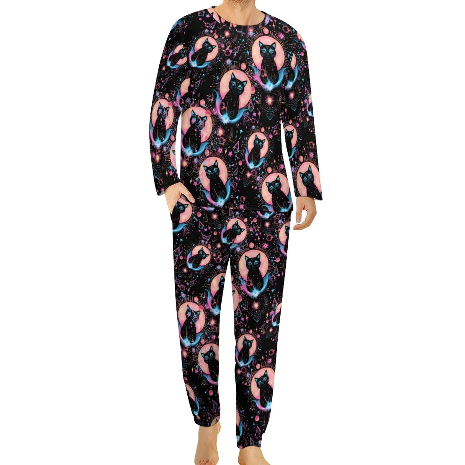 Trans Cat - Conjunto de pijama para hombre, cuello redondo, ropa de dormir larga, 2 piezas