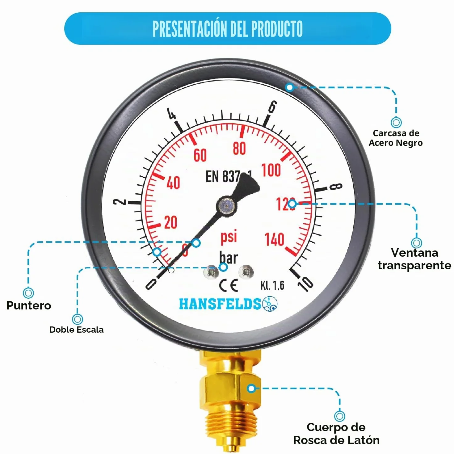 Manómetro de presión Hansfelds 0-10 bar doble escala bar/psi conexión inferior BSP latón vidrio