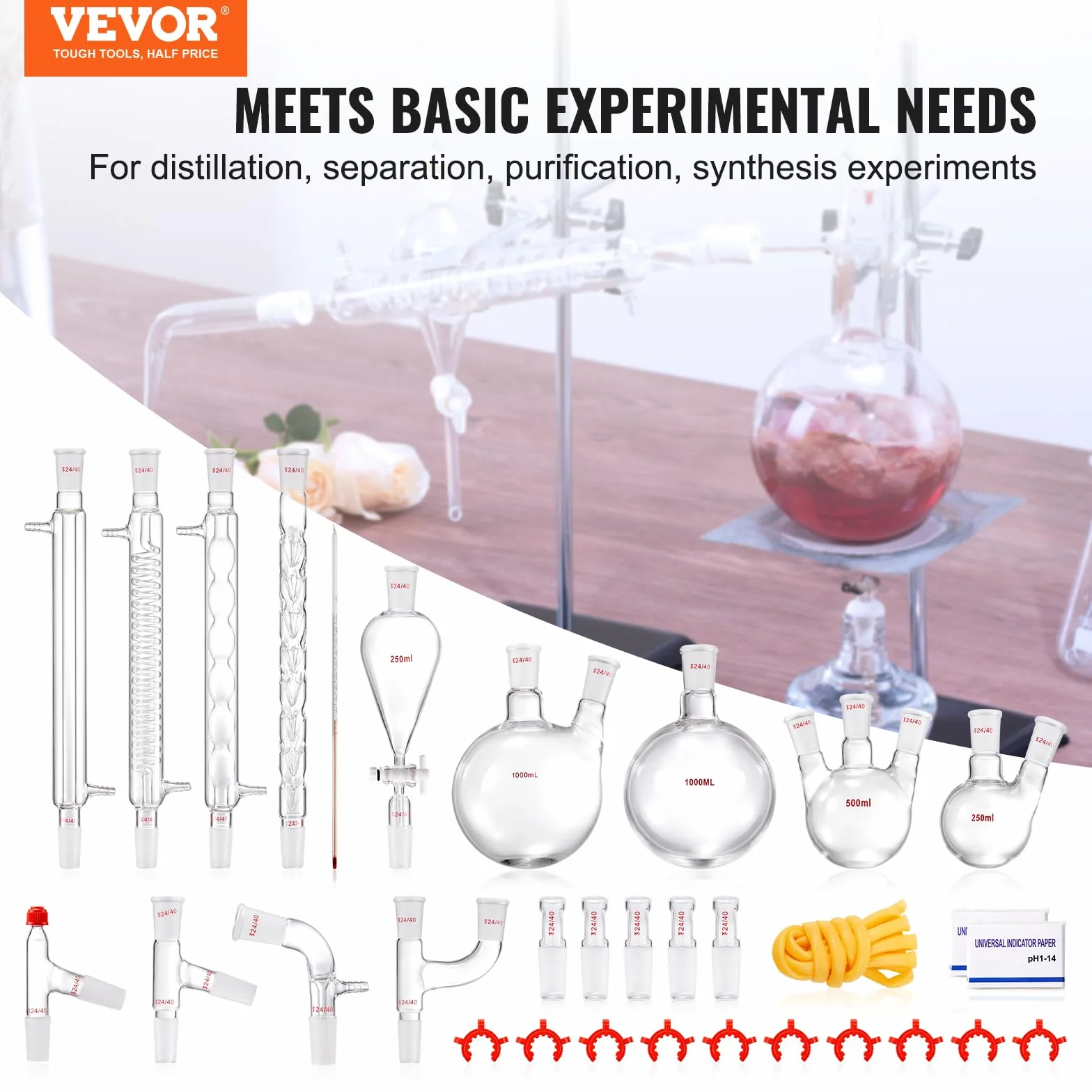 VEVOR Kit de destilación de vidrio de laboratorio 3.3 Boro 1000 ml 32 piezas con compuestos 24/40