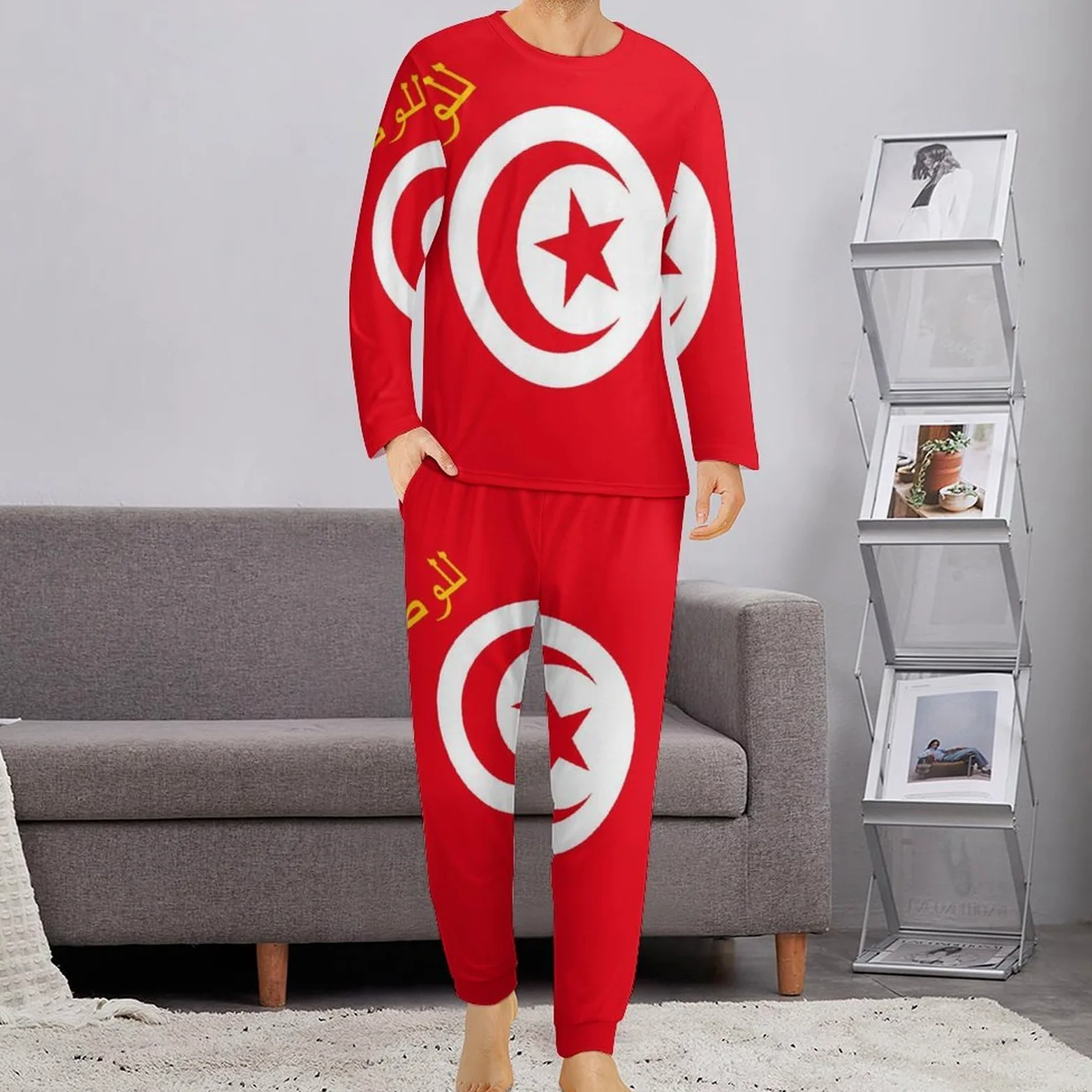 Flag of Tunisia - Conjunto de pijama para hombre, cuello redondo, ropa de dormir larga, 2 piezas
