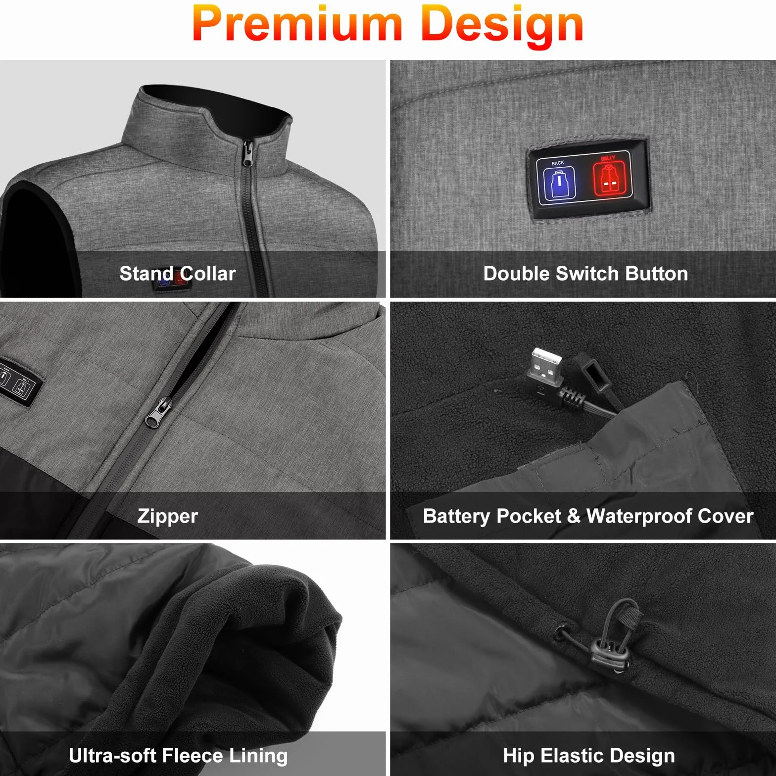 Tonfarb Chaleco Calefactable Hombre, Chaleco Termico Hombre con 4 Zonas Calefactables y 3 Niveles de Temperatura, Electrico USB Chaqueta Calefactable para Exterior, Pesca, Esquí (Batería No Incluida)