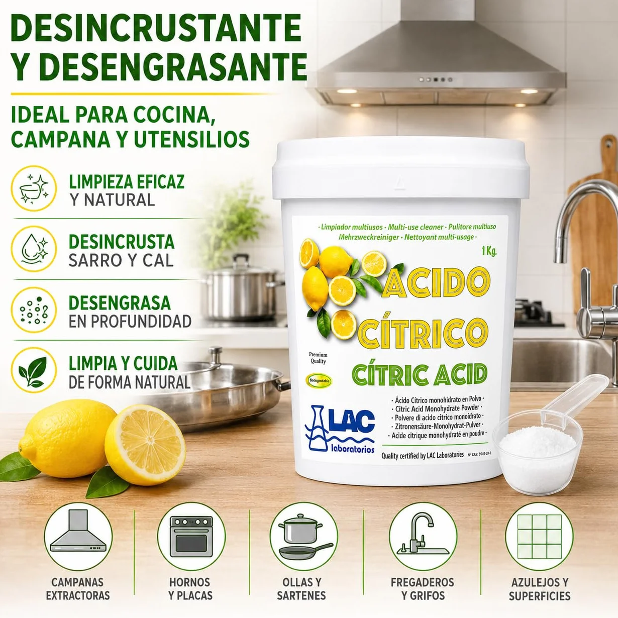 Ácido Cítrico anhidro natural 100% puro 1 kg laboratorios LAC