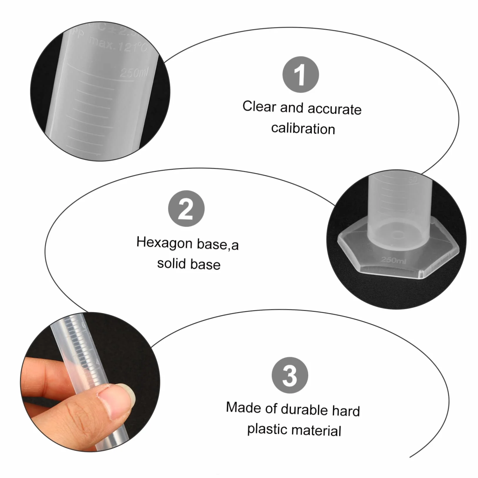 SOLUSTRE Probeta Plástico Graduada 10ml 50ml 100ml 250ml Cilindro Medidor Transparente Set 4 Piezas