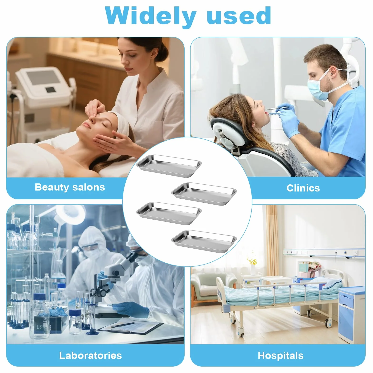 Bandeja de Acero Inoxidable Rectangular Set 4PCS para Laboratorio Clínica Dental