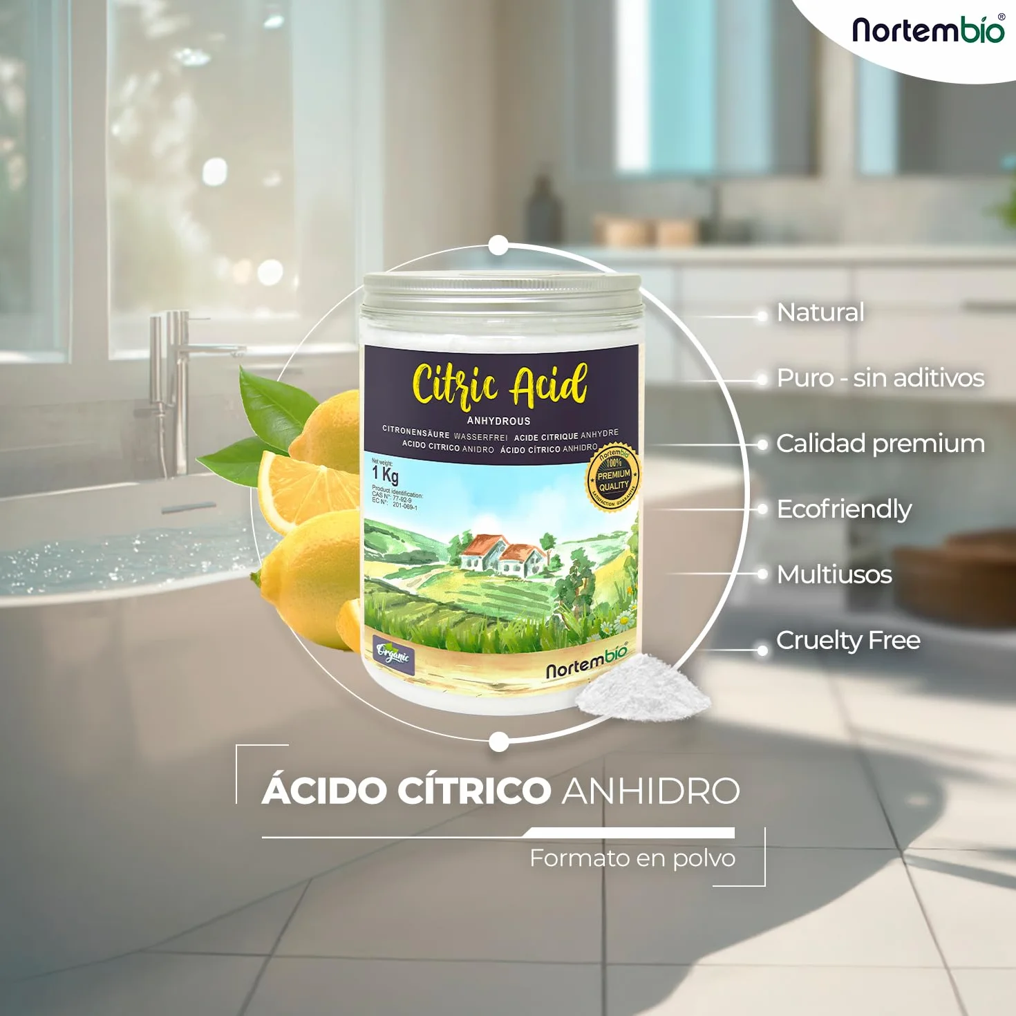 Nortembio Ácido Cítrico 5 kg Puro Anhidro en Polvo Descalcificador Natural