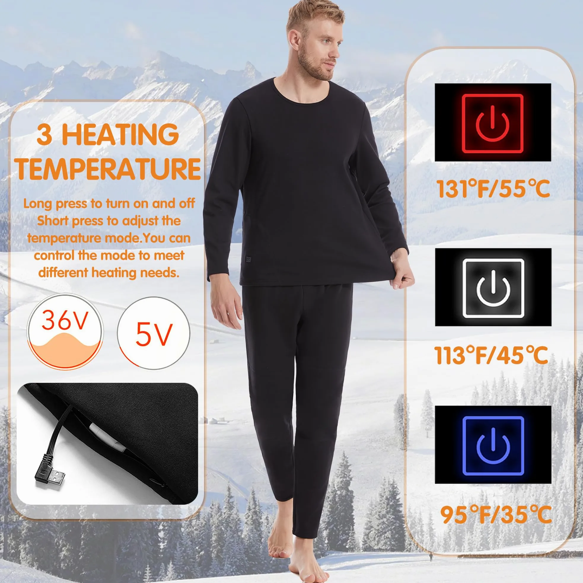Ropa Interior de calefacción para Hombres, Recargable calentado Largo John Conjunto Forrado Polar Caza térmica Camiseta y pantalón