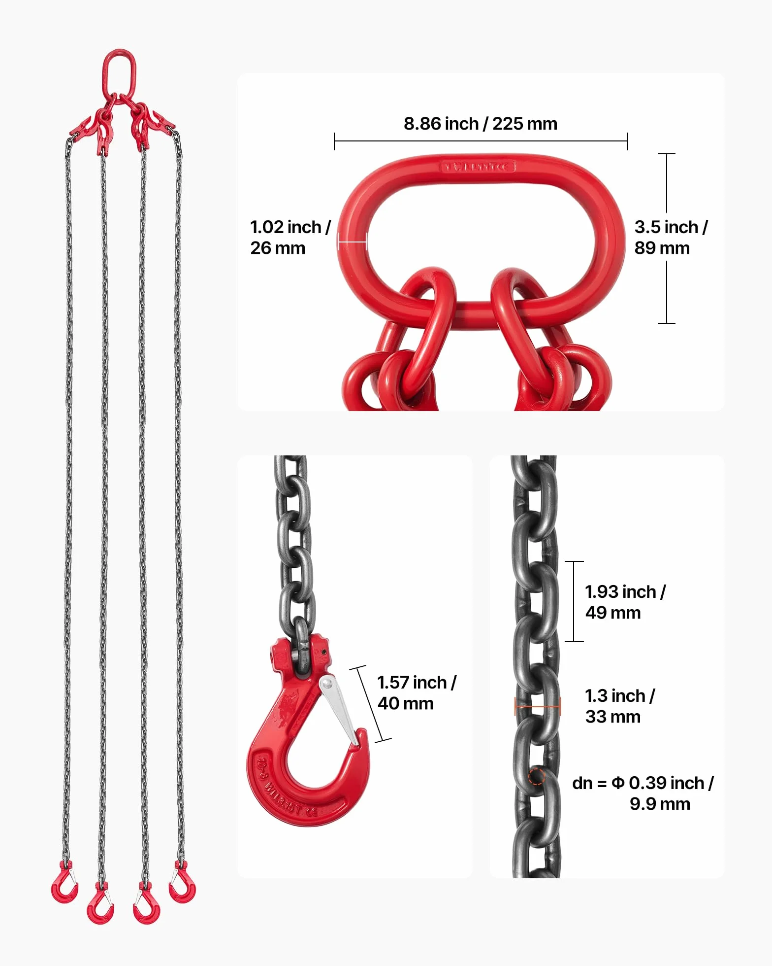 VEVOR Eslinga de Cadena de 10 mm x 3 m, 4 Ganchos, Grúa de 4 Ramales Aleación Acero G80, Carga 10,4 T, Elevación Pesada