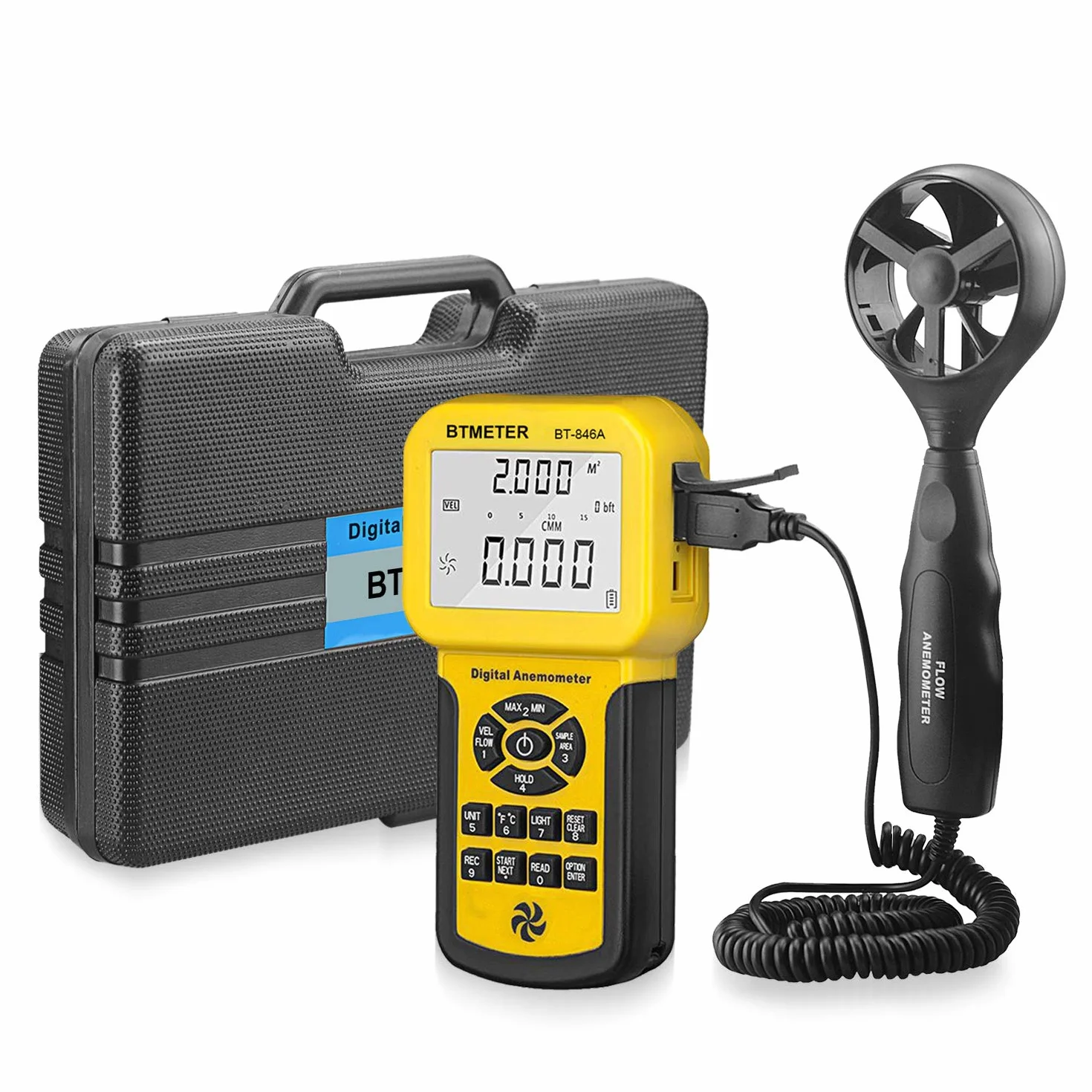 BTMETER Anemómetro BT-846A Pro HVAC Medidor Velocidad Viento Temperatura Flujo Aire CFM Retroiluminación