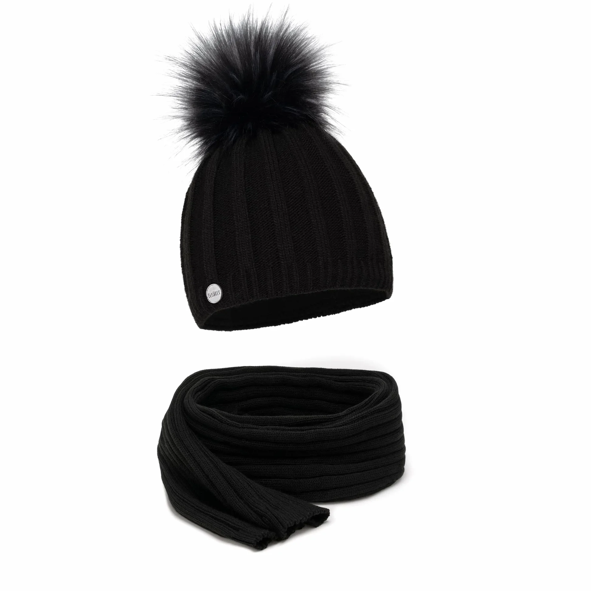 ELIMELI® Gorro de cachemira para mujer, gorro de punto, gorro de invierno de lana con cachemira y pompón de piel sintética. Fabricado en la UE, Negro - Set con bufanda, Talla única