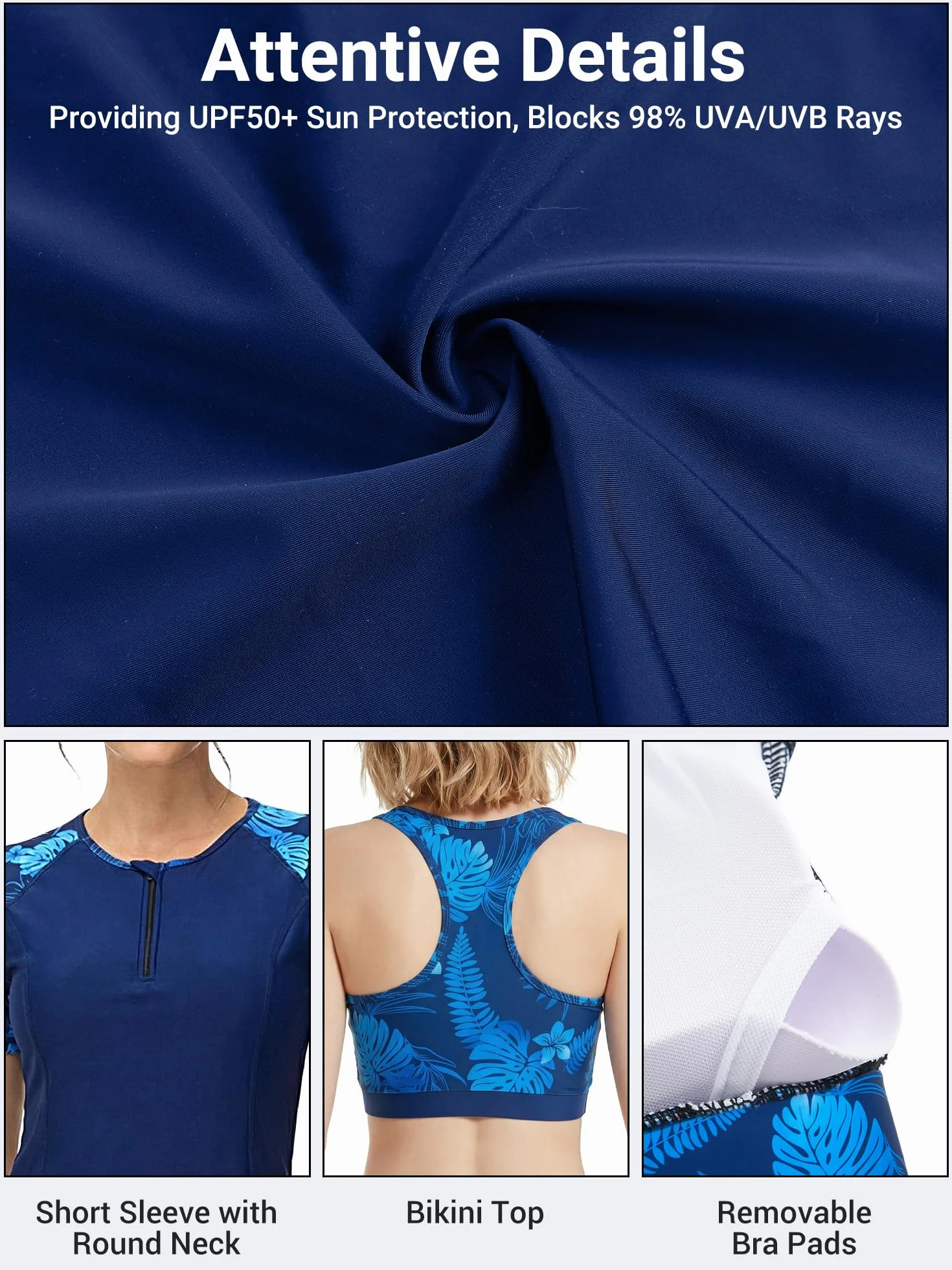 Owntop Conjunto de 3 piezas para mujer con camiseta de manga corta y bañador de secado rápido con protección UV para playa, natación, deportes acuáticos