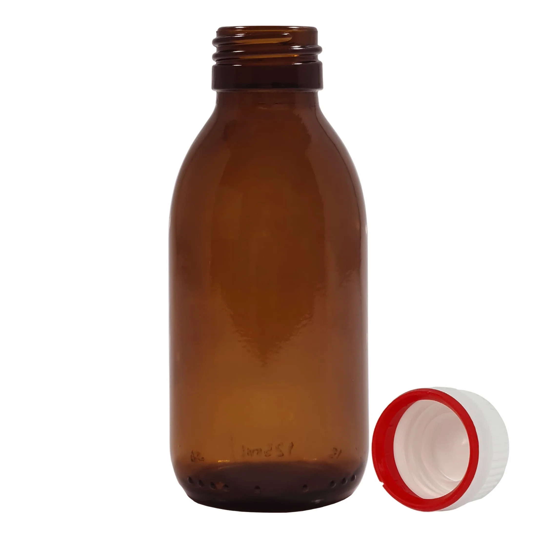 Botella de vidrio ámbar 125 ml con tapón a rosca y precinto - 6 unidades