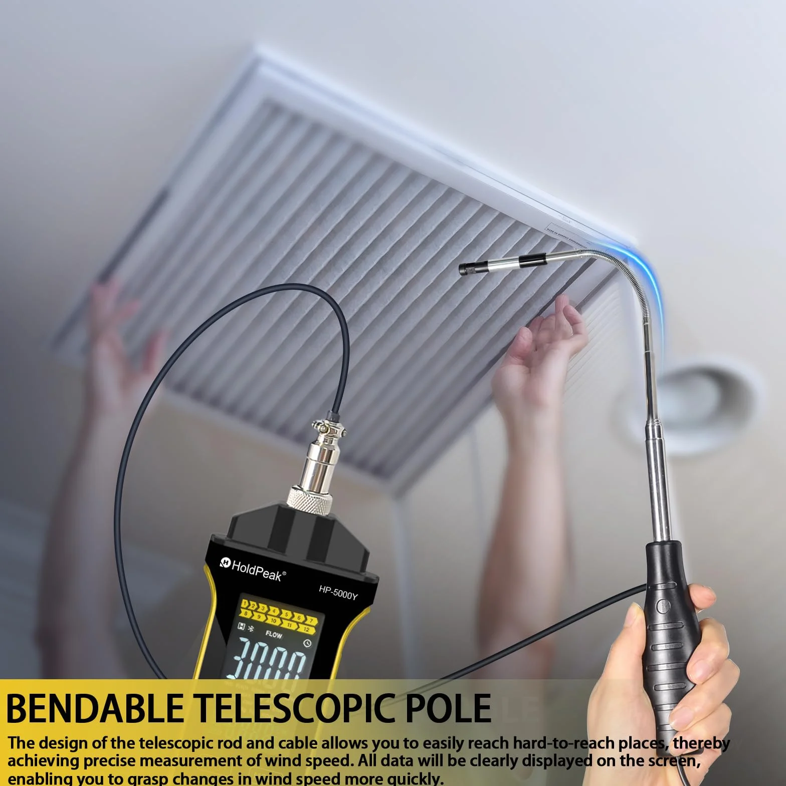 HOLDPEAK Anemómetro digital de alambre caliente CFM CMM medición temperatura sonda telescópica pantalla iluminada USB