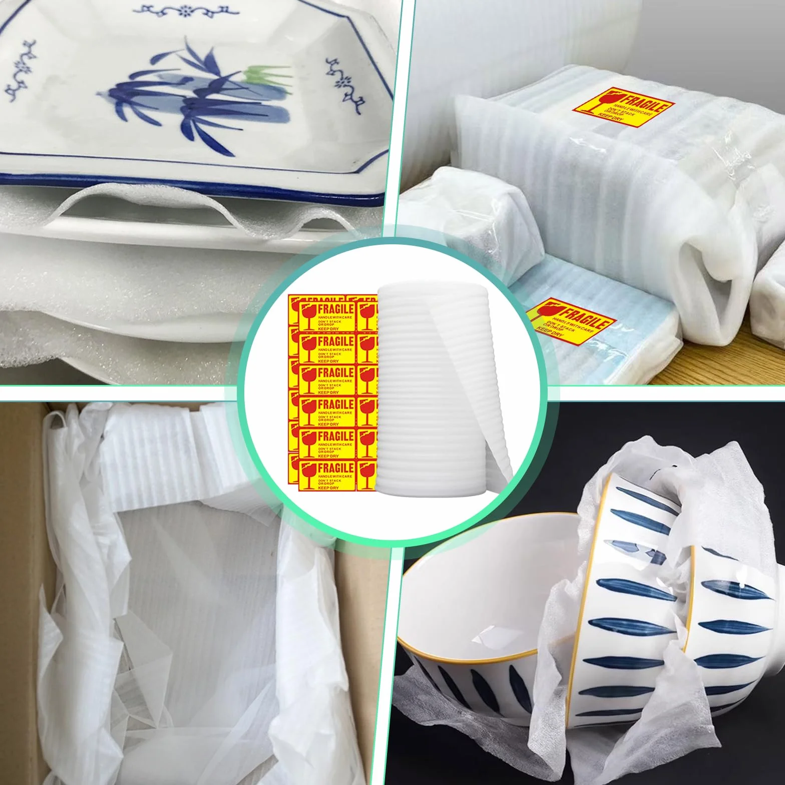 Rollo de espuma para embalaje 30 cm x 10 m con etiquetas frágiles