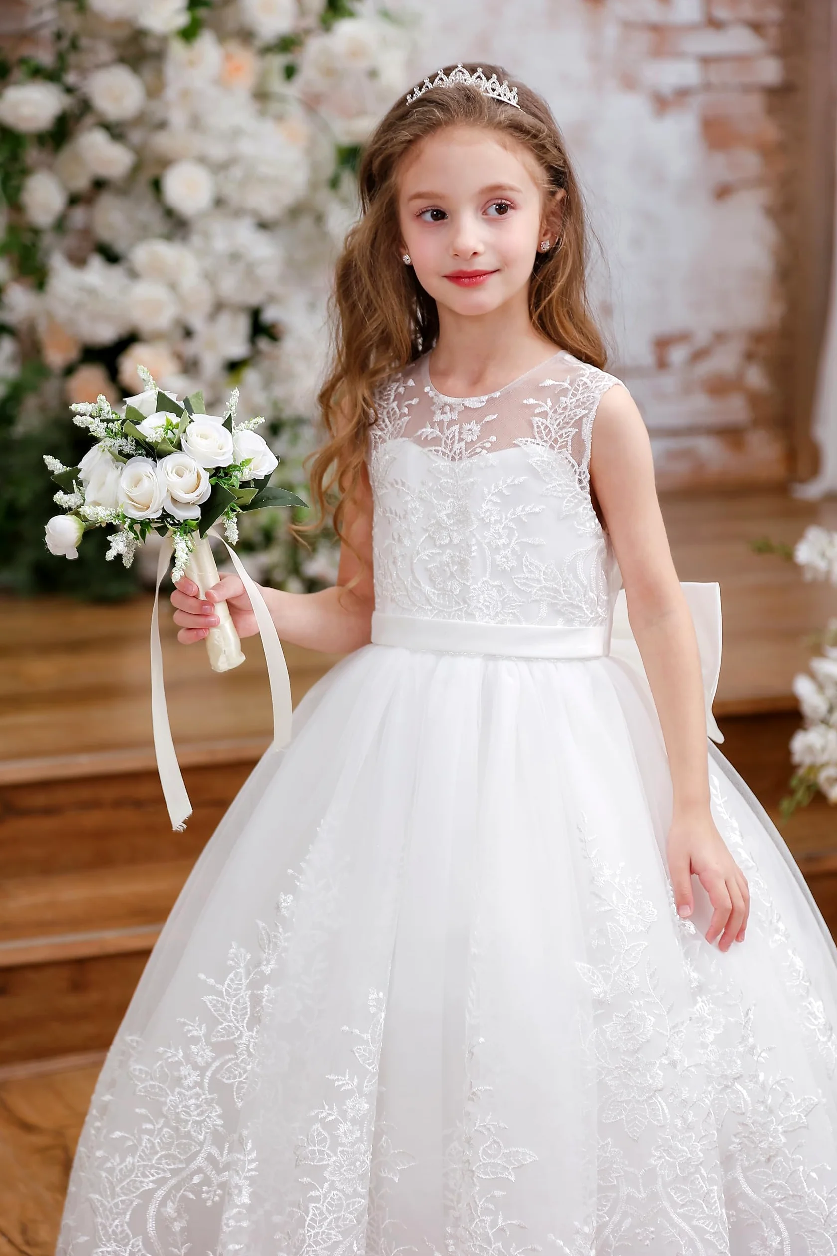 Aibaowedding Vestido de niña de flores bordado de tul de encaje vestido de fiesta de dama de honor cumpleaños fiesta comunión arco formal vestido de princesa