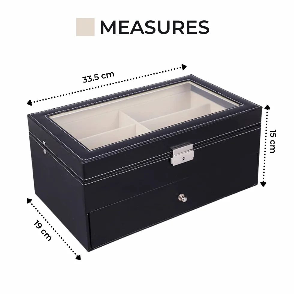MAGIC SELECT Caja para Gafas con 8-12-18 Compartimentos, Estuche con Tapa de Cristal Transparente, Cierre con Llave, Cajón y Forro Interior, Polipiel