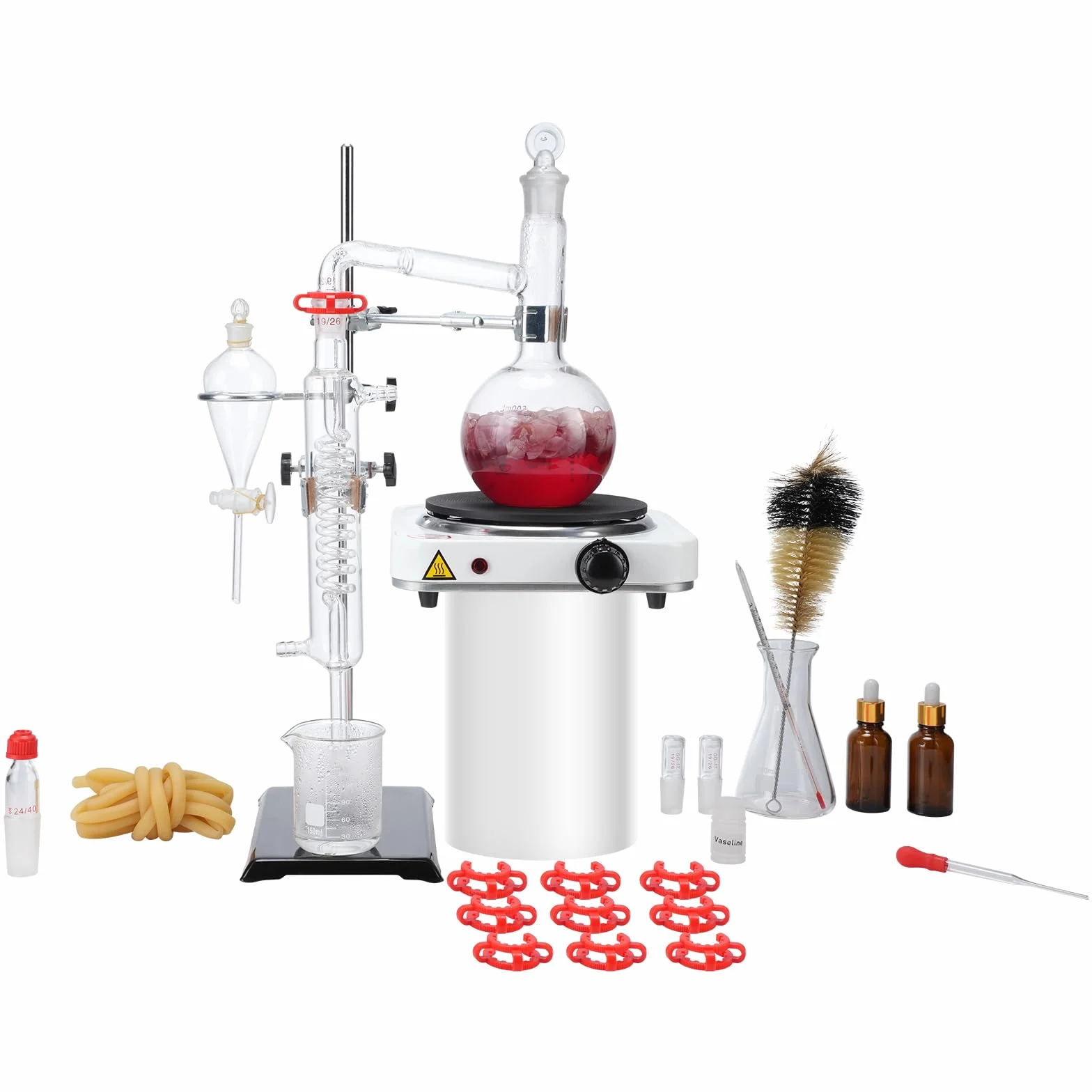 VEVOR Kit de destilación de aceite esencial de 33 piezas, 500 ml, Boro 3.3, placa calefactora 1000 W, junta 24/40