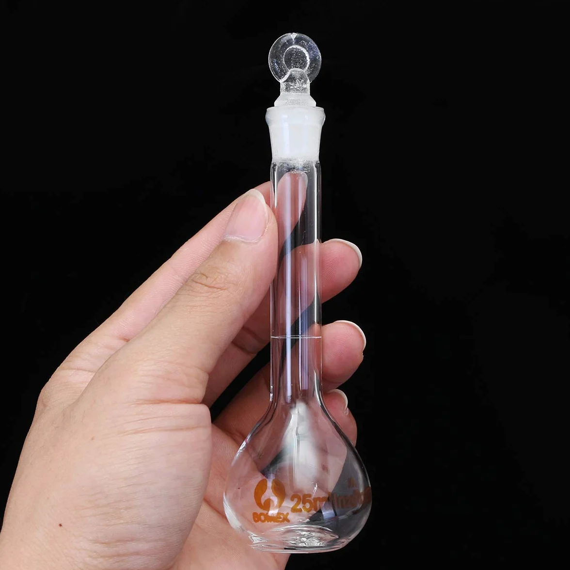 Frasco volumétrico de vidrio 25ml con tapón de cristal química redondo