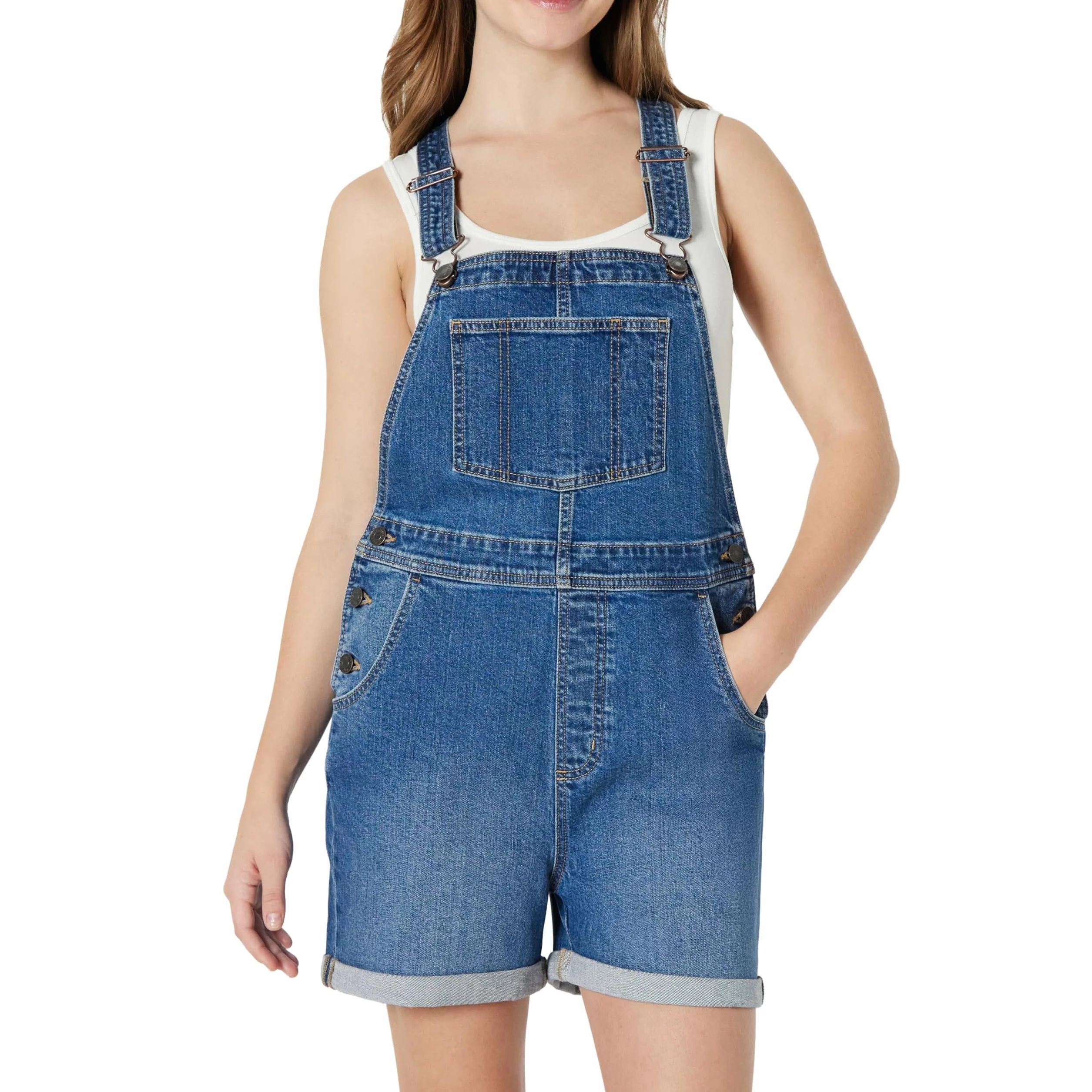 Amazon Essentials Peto Corto Vaquero de Corte Holgado y Elasticidad Media con Tirantes Ajustables Mujer