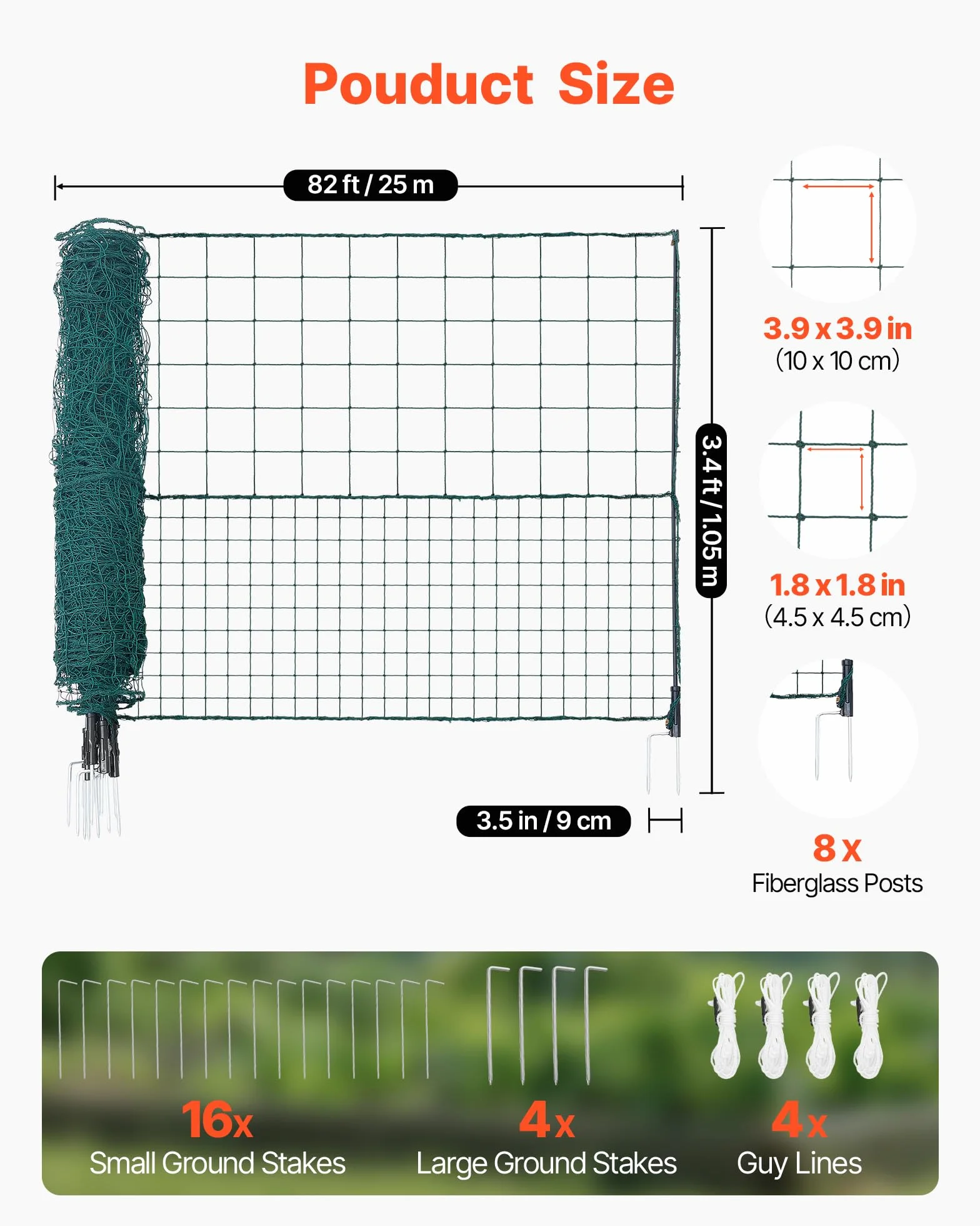VEVOR Valla de Pollos y Perros, Malla de Protección para Jardines, Red Plástica de Seguridad Verde (25m×1.05m)