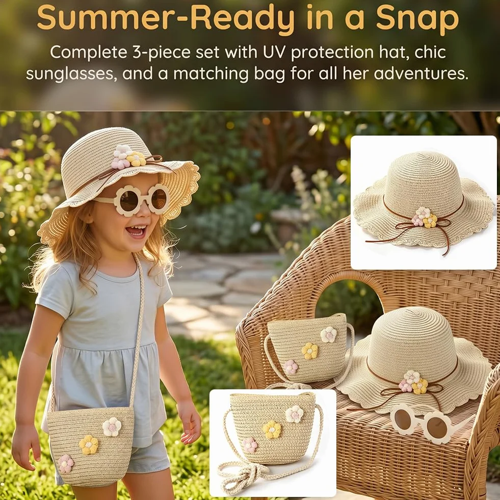 Sombrero de Paja Niñas, Gorra de Sol Chica y Bolsa de Paja Set Gorro de Playa Gafas de Sols Playa de Verano Sombrero Mini Bolsa Cruzada de Pajas Sombreros para Viaje Beach Piscina(Beige)
